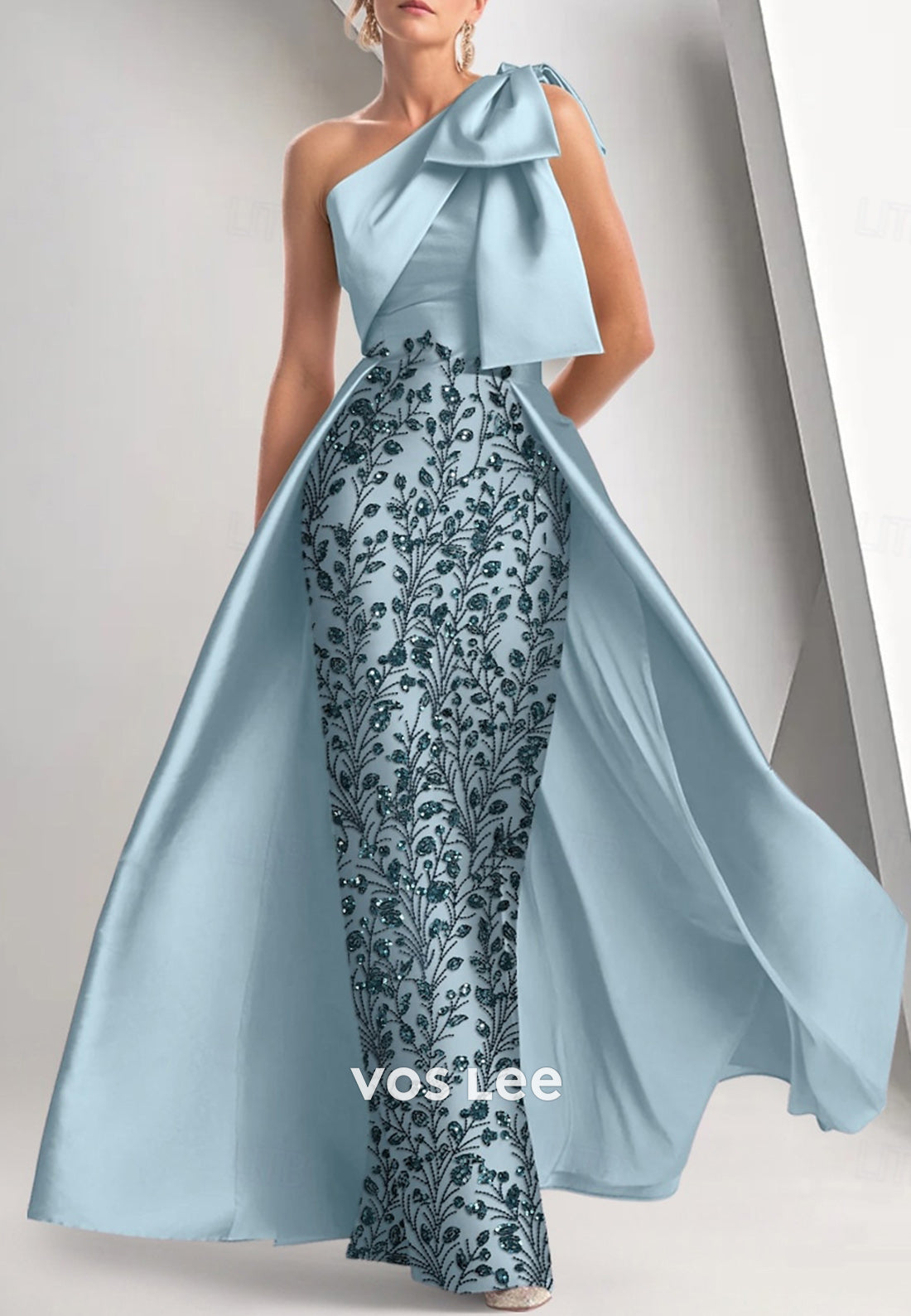 One Shoulder Bowknot Pleated Floor-Length Appliques Mermaid Evening Dresses