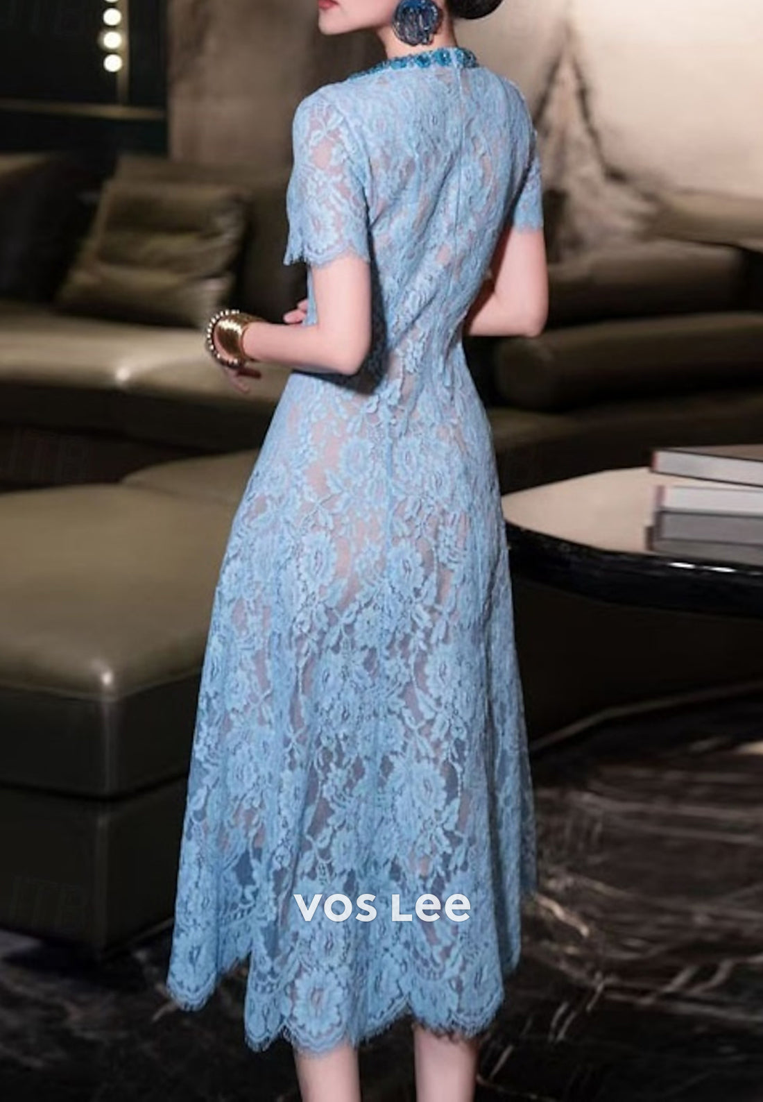 A-Line Blue Short Sleeve Scoop Tea-Length Appliques Lace Mother of Bride Dresses