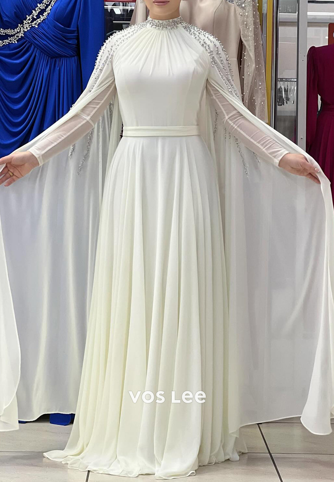 A-Line Long Sleeves High Neck Beaded Embellished Pleated Evening Dresses