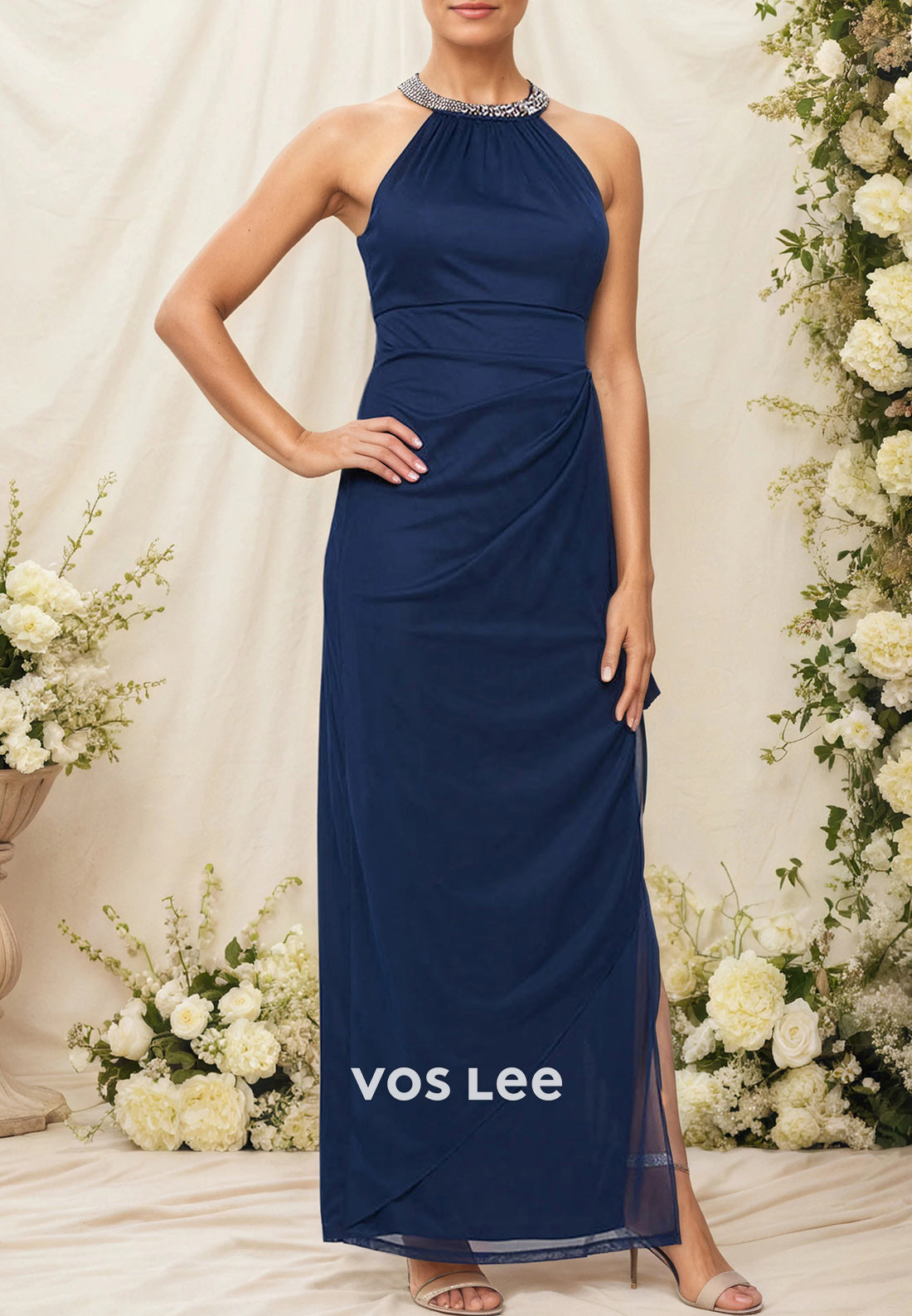 Simple Halter Rhinestone Ankle-Length Pleated Mother of Bride Dresses with Side Split