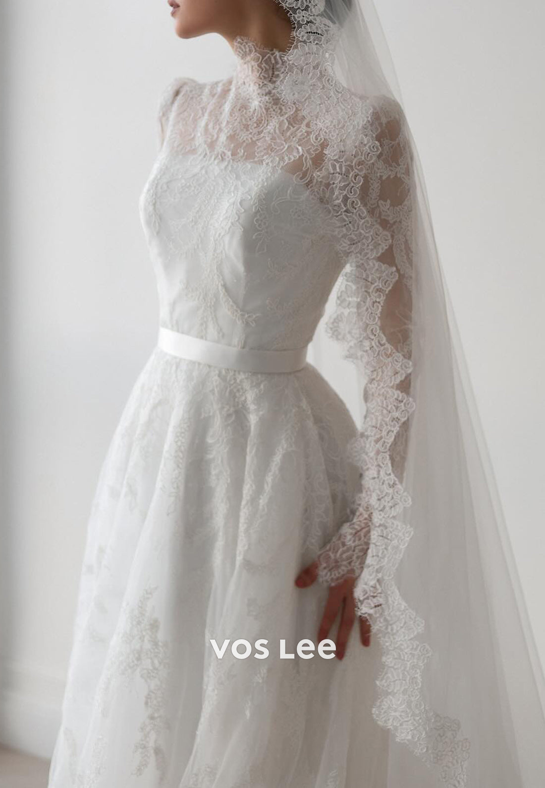 Long Sleeve Illusion Neck Appliques Lace Wedding Dresses with Chapel Train