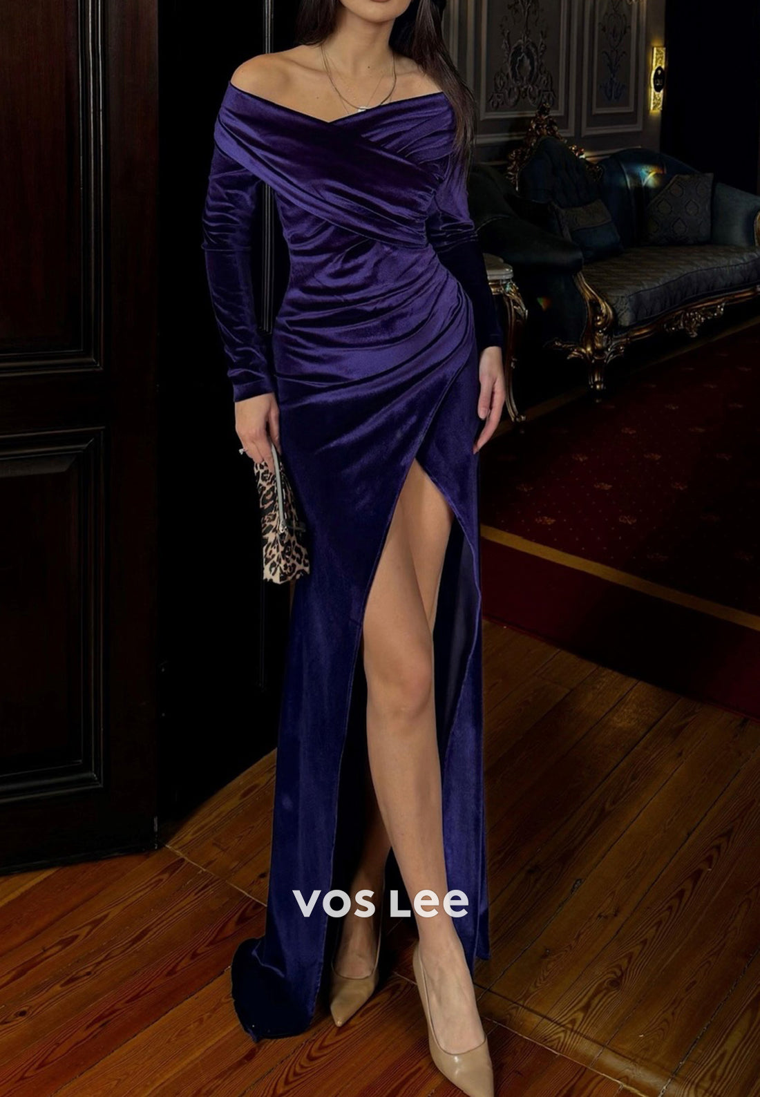 Regency Long Sleeve Off the Shoulder Mermaid Evening Dresses with High Split