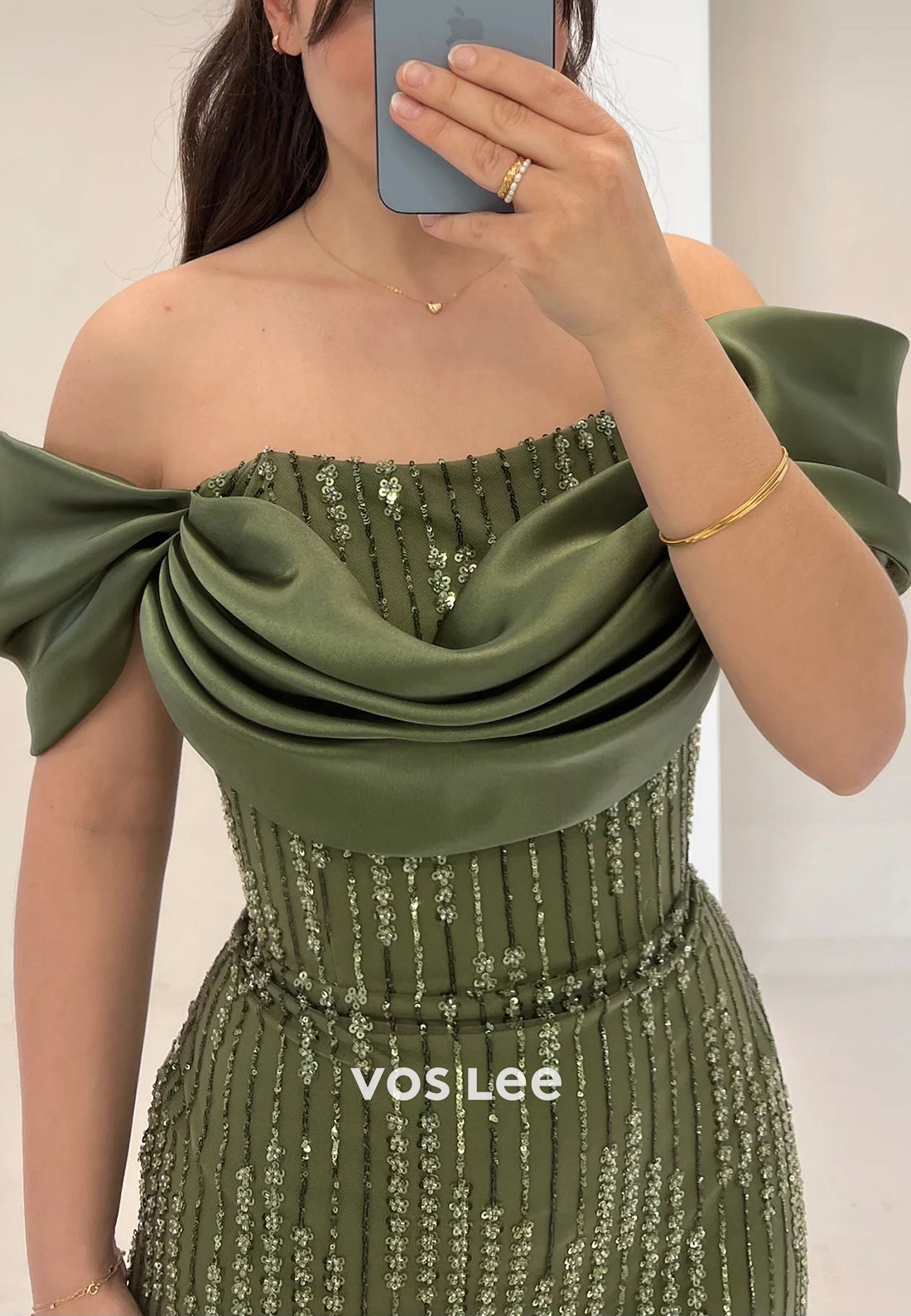 Classic & Timeless Off the Shoulder Fully Beaded Pleated Mermaid Evening Dresses with Split