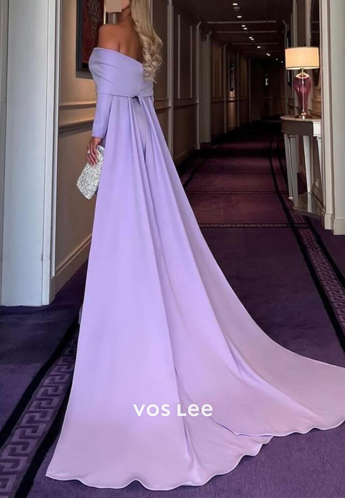 Long Sleeve Off the Shoulder Pleated Mermaid Evening Dresses with Court Train