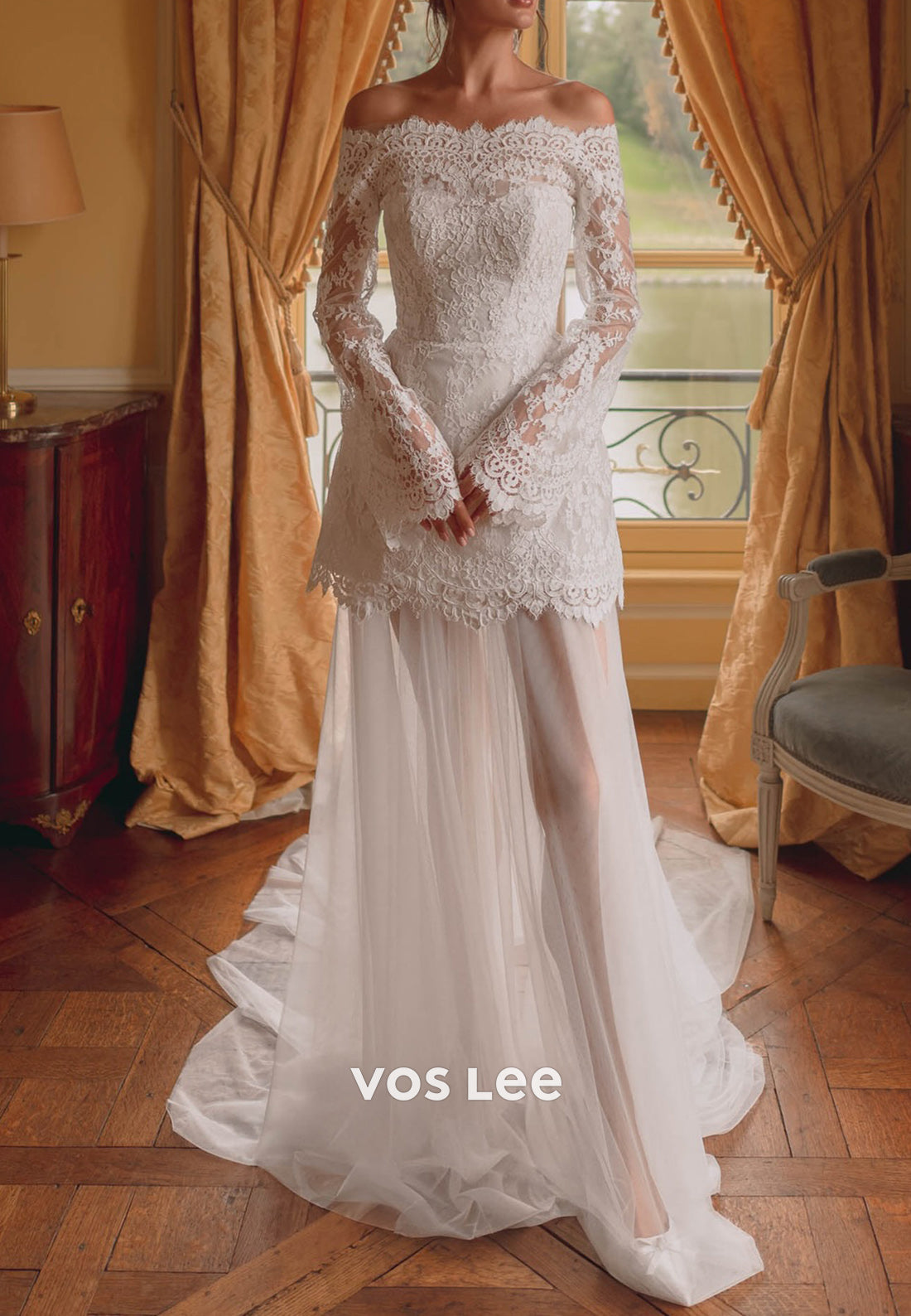 Long Sleeve Off the Shoulder Appliques Lace Sheath Wedding Dresses with Detachable Train