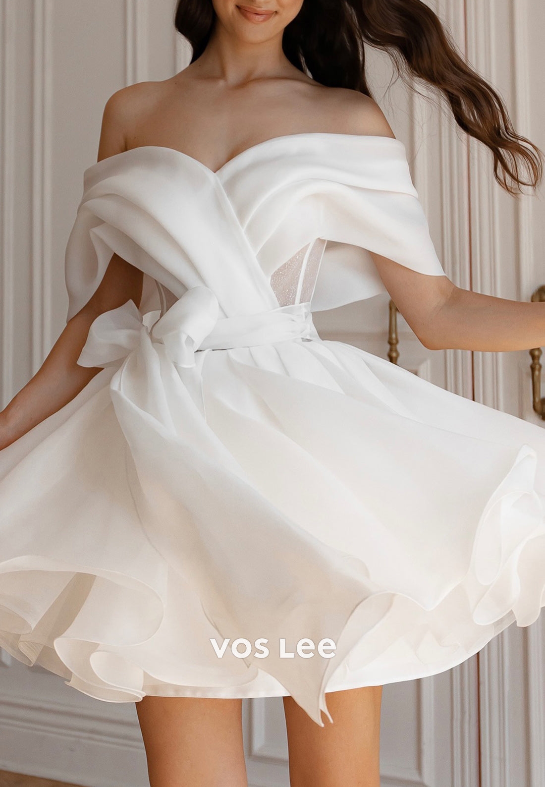 Mini & Short A-Line Off the Shoulder Bowknot Wedding Dresses with Detachable Long Sleeve