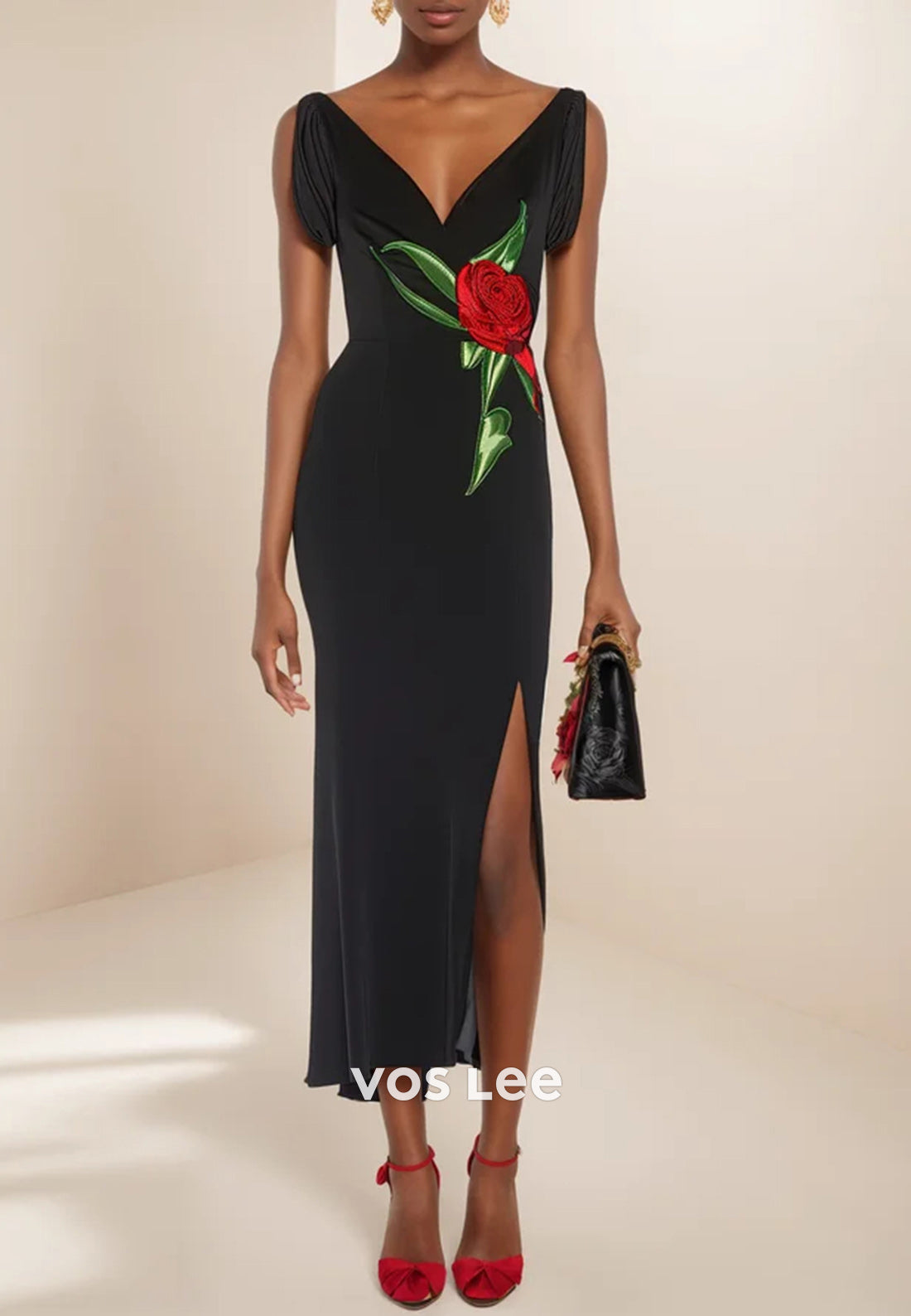 Regular Straps V Neck Flowers Sheath Ankle-Length Wedding Guest Dresses with Split