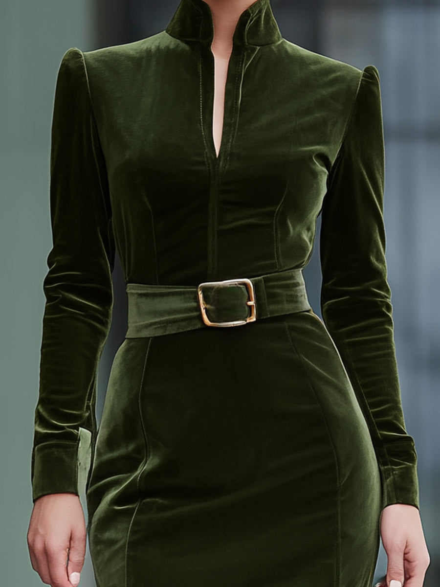 Emerald Green Velvet Belted Midi Dress