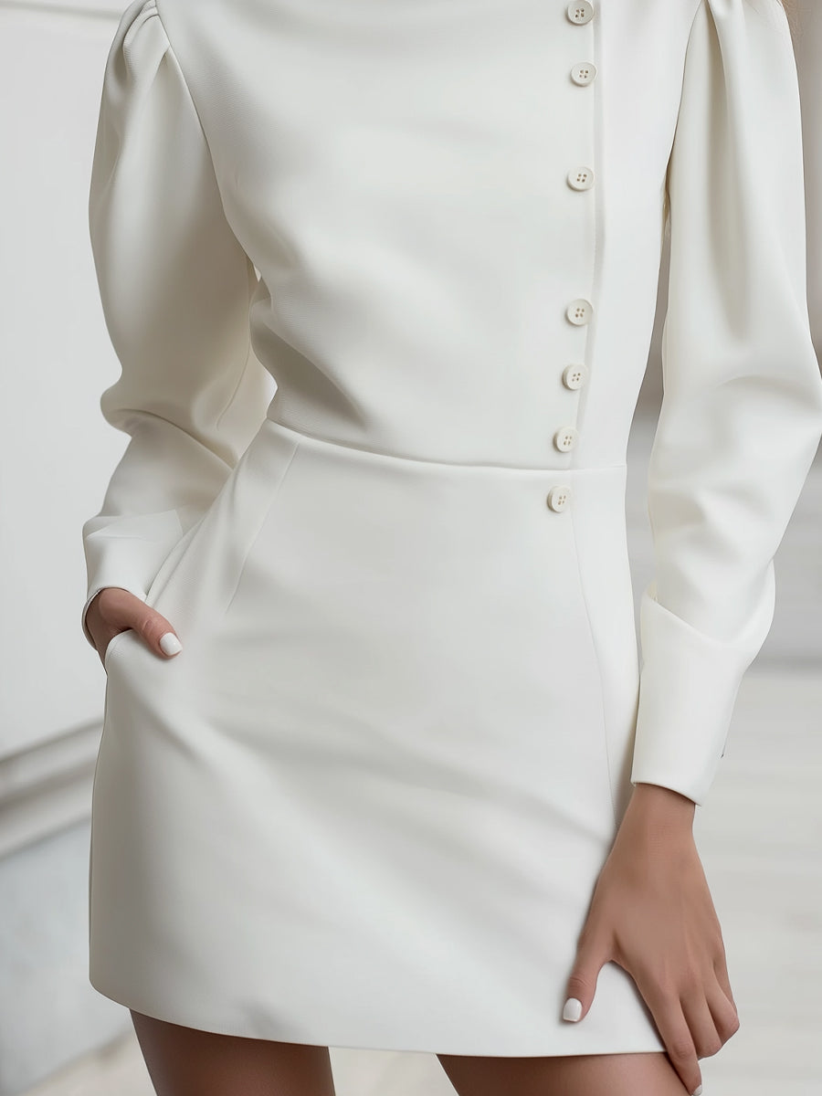 High-Neck Asymmetric Buttoned Mini Dress