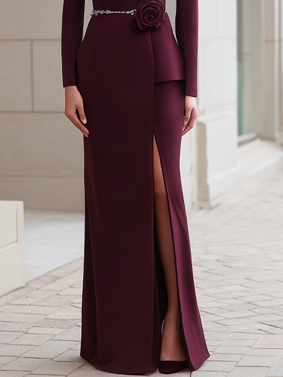 Burgundy Evening Gown With Rose Accent And Chain Belt