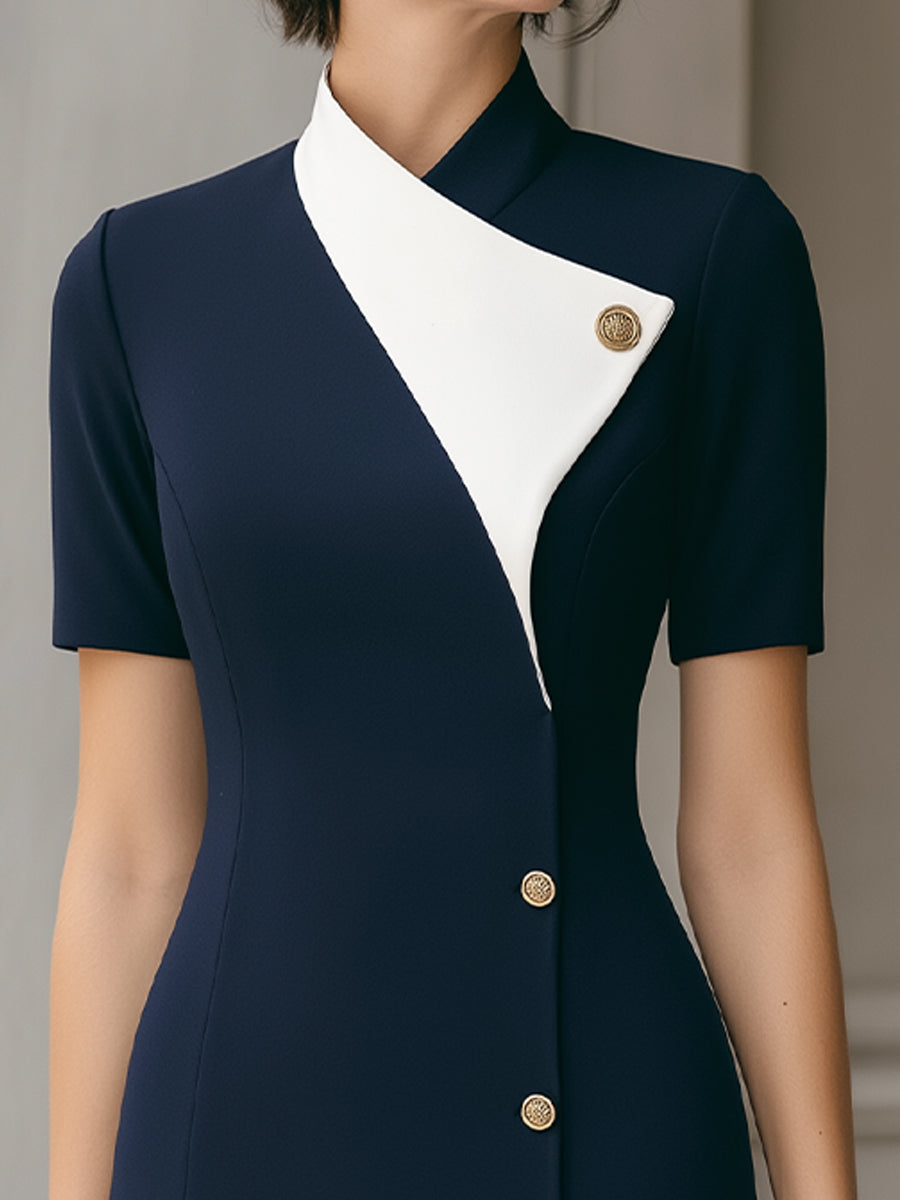 Elegant Contrast Collar Button-Front Fitted Sheath Dress
