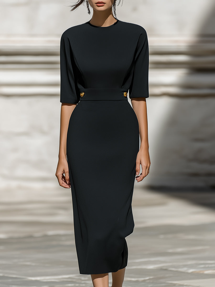 Elegant Half Sleeve Belted Midi Dress