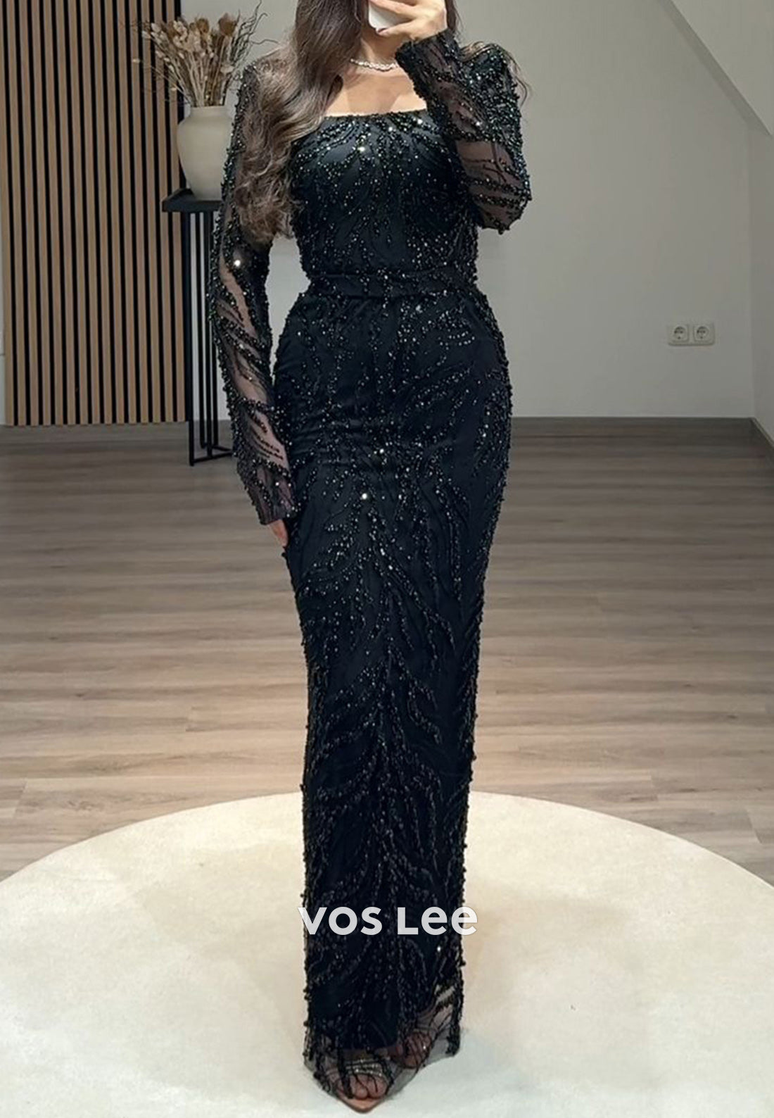 Full Beaded Square Evening Dress Long Sleeves Sheath Formal Party Gown