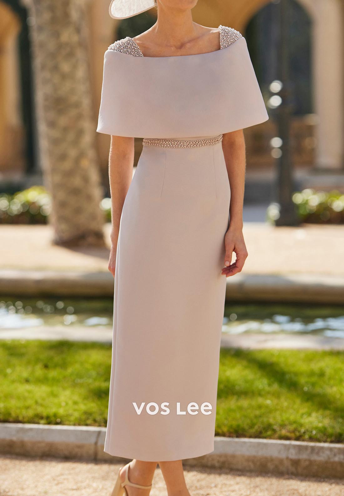 Classic Off the Shoulder Rhinestone Bowknot Sheath Tea-Length Mother of Bride Dresses