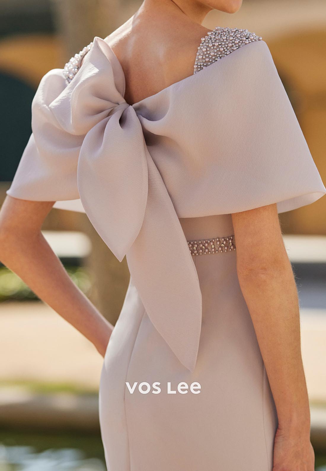 Classic Off the Shoulder Rhinestone Bowknot Sheath Tea-Length Mother of Bride Dresses