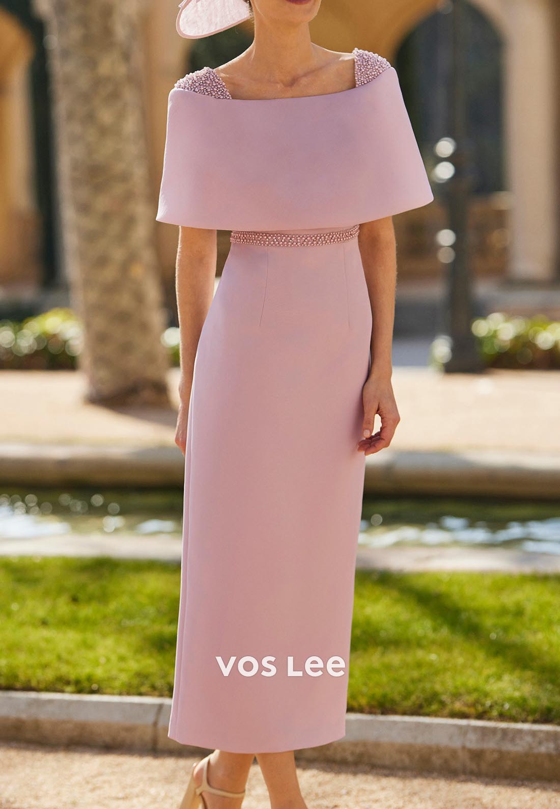 Classic Off the Shoulder Rhinestone Bowknot Sheath Tea-Length Mother of Bride Dresses