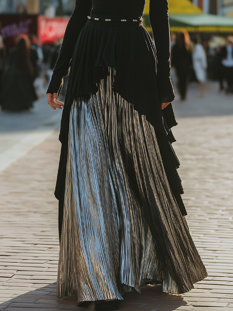 Stylish High-Neck Silver Pleated Maxi Dress