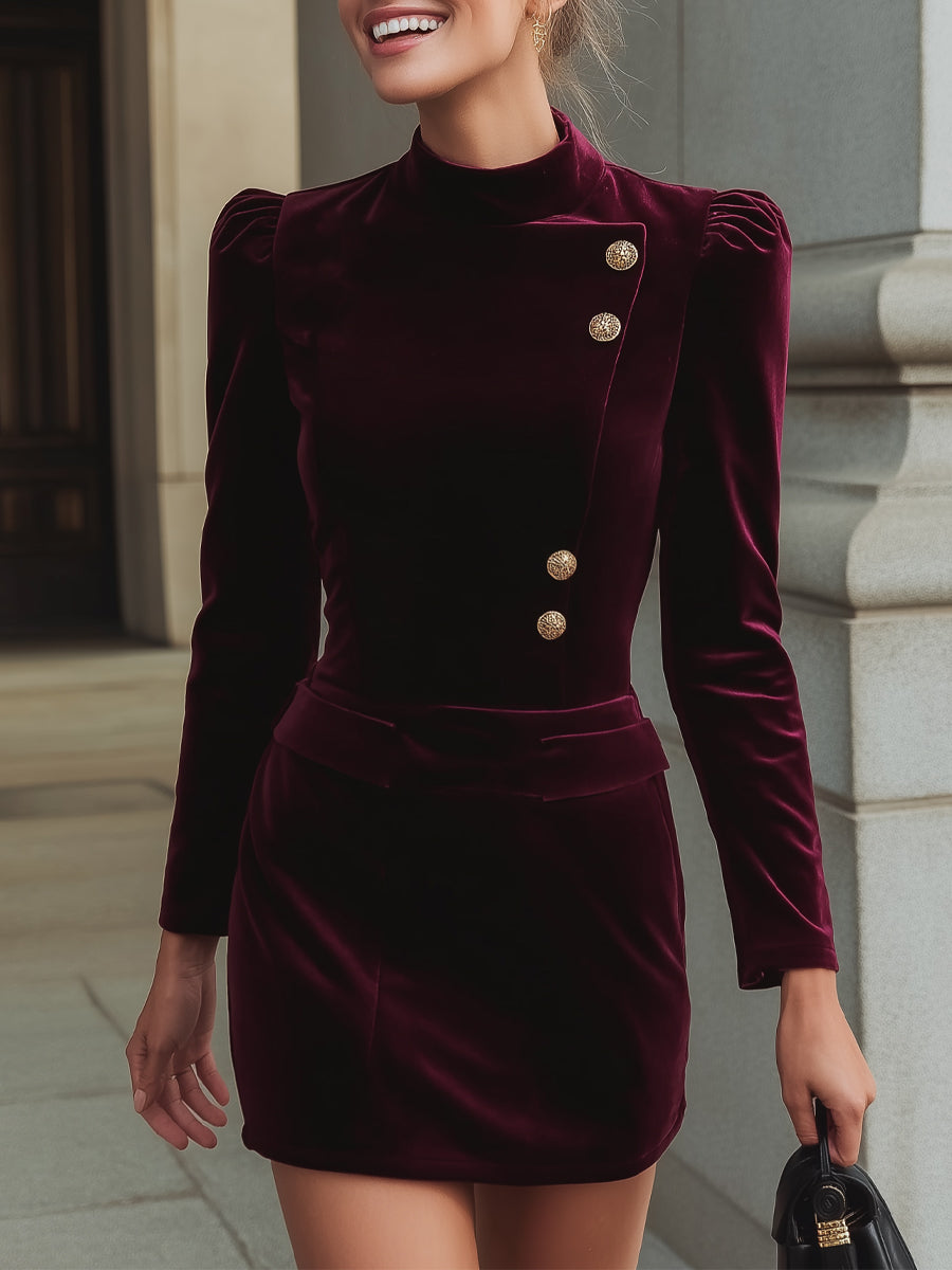Vintage Asymmetric Button Velvet Mini Dress