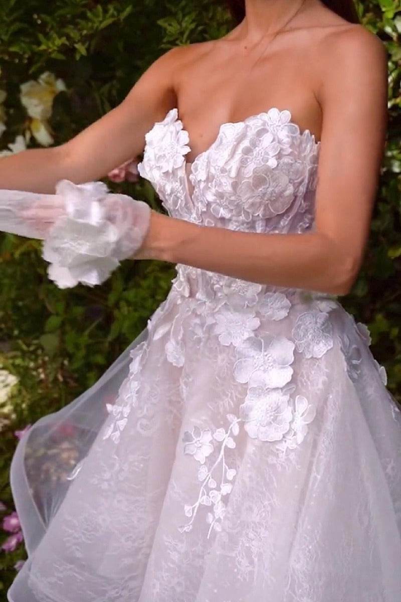 3D Floral Applique Strapless Tulle Mini Wedding Dress with Detachable Sleeves