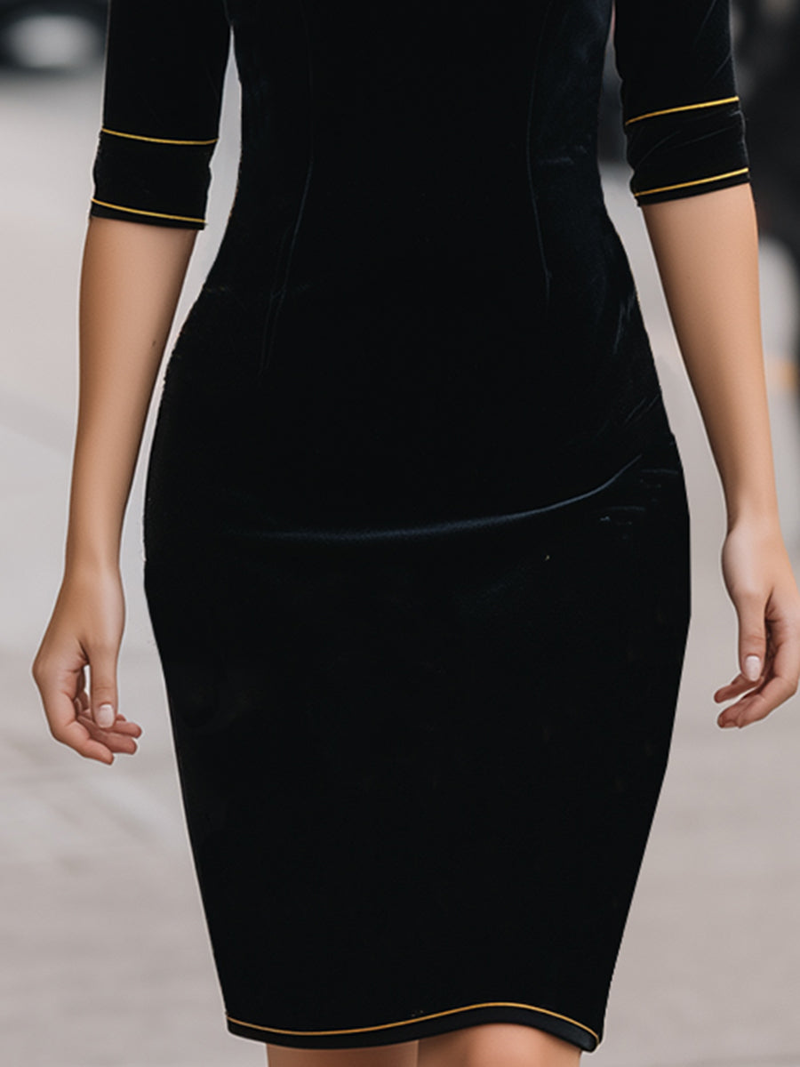 Elegant Velvet Mandarin Collar Dress With Gold Piping