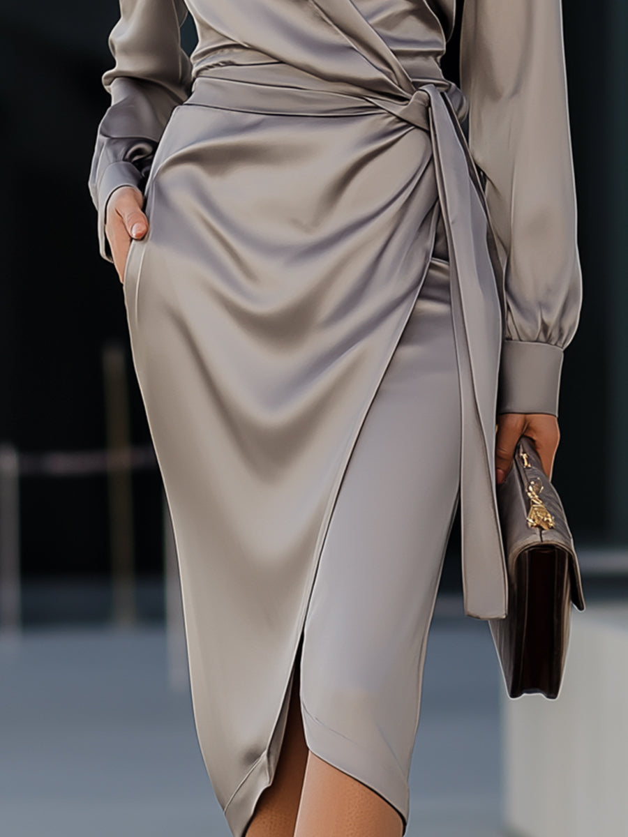 Grey Satin Wrap Dress With Tie Waist