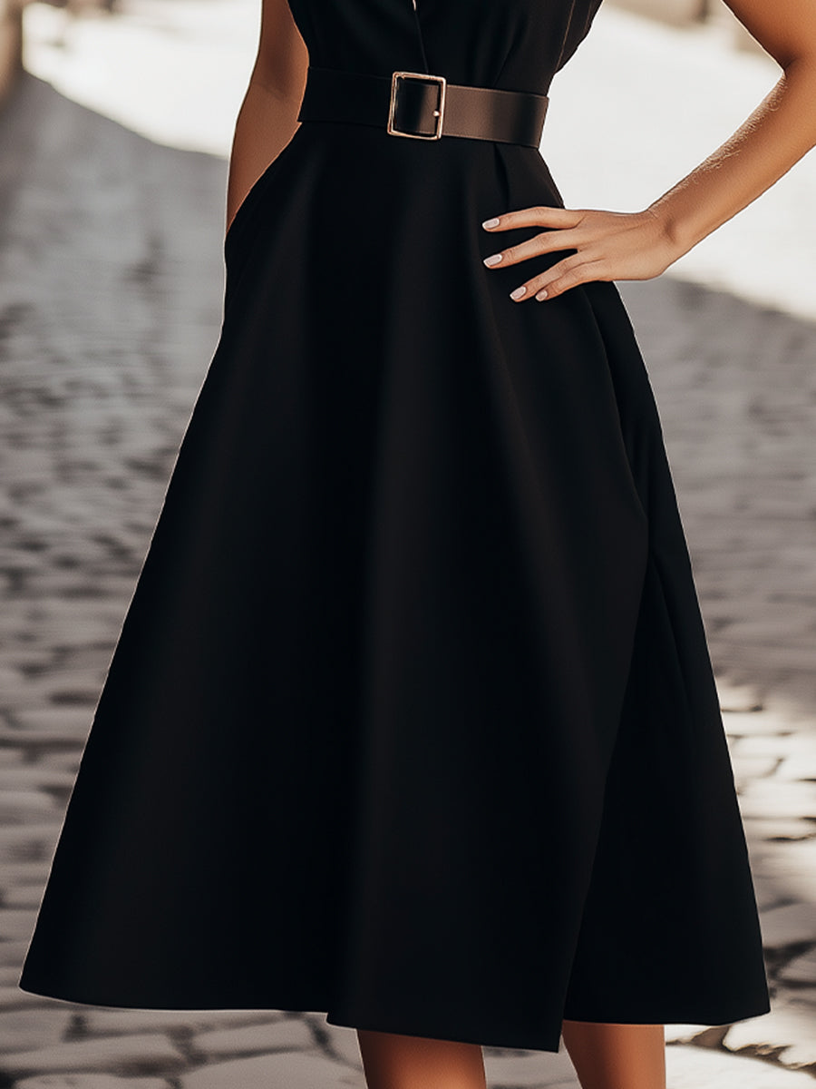 Elegant Contrast Lapel Sleeveless Belted Midi Dress