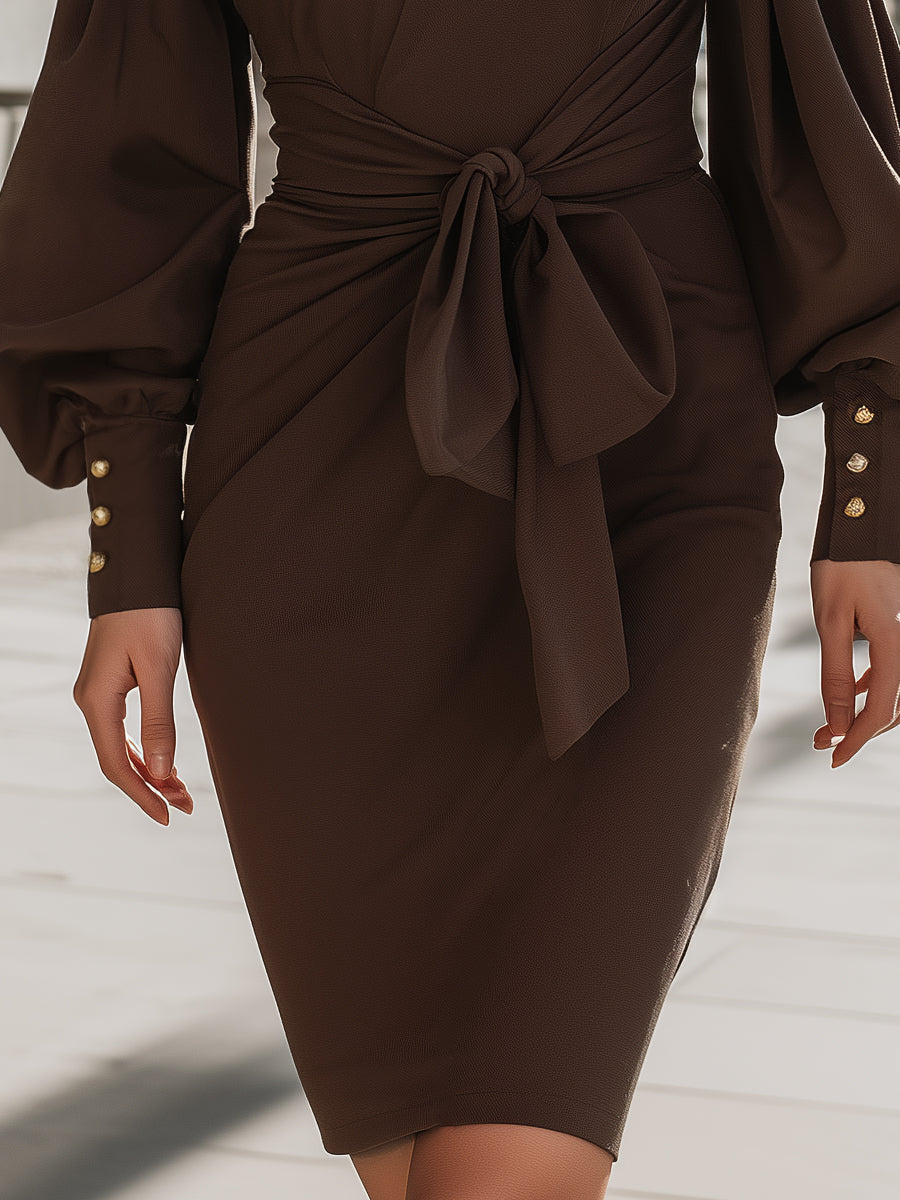 Elegant Puff Sleeve Midi Dress With Tie Waist
