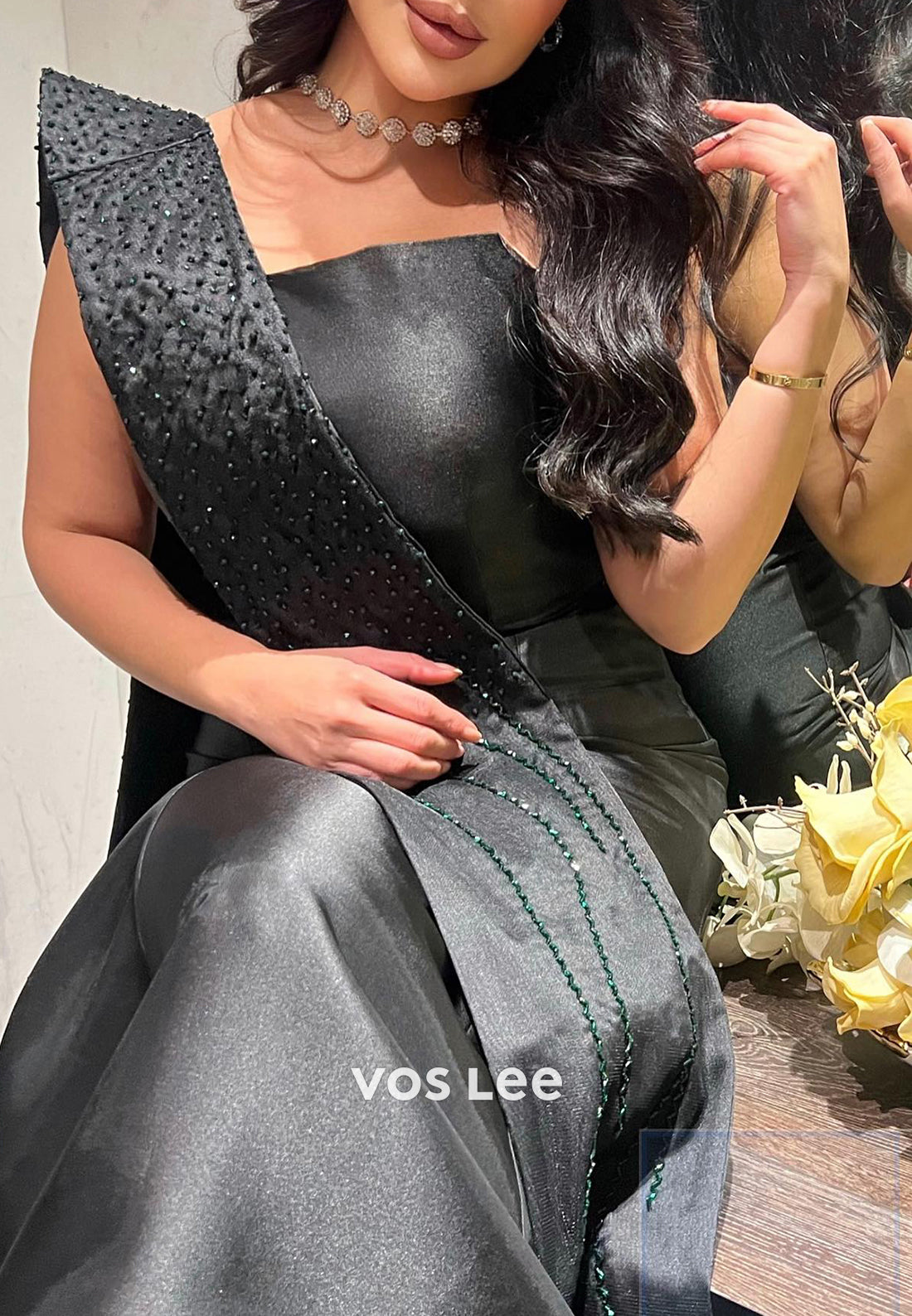 Black Sleeveless Strapless Beading Trumpet Evening Dresses with Sweep Train
