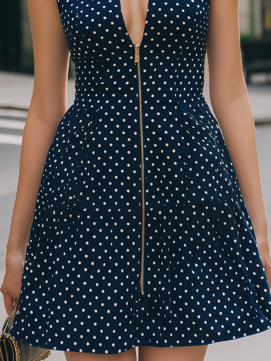 Navy Sleeveless Halter V-Neck Zip-Front Polka Dot Mini Dress