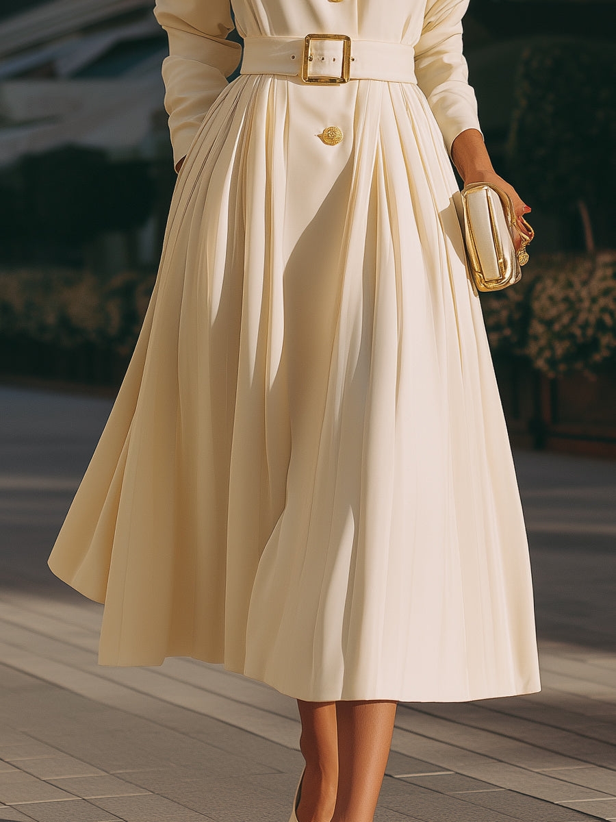 Ivory Belted Pleated Midi Dress