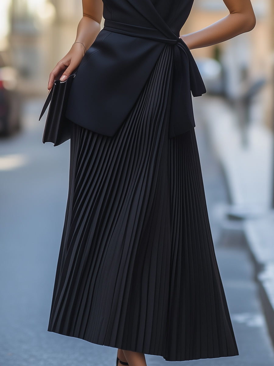 Sleeveless Black Wrap Blazer Dress With Pleated Skirt Wedding Guest Dresses