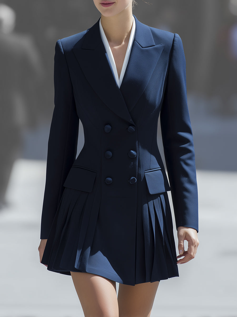 Navy Double-Breasted Pleated Blazer Dress