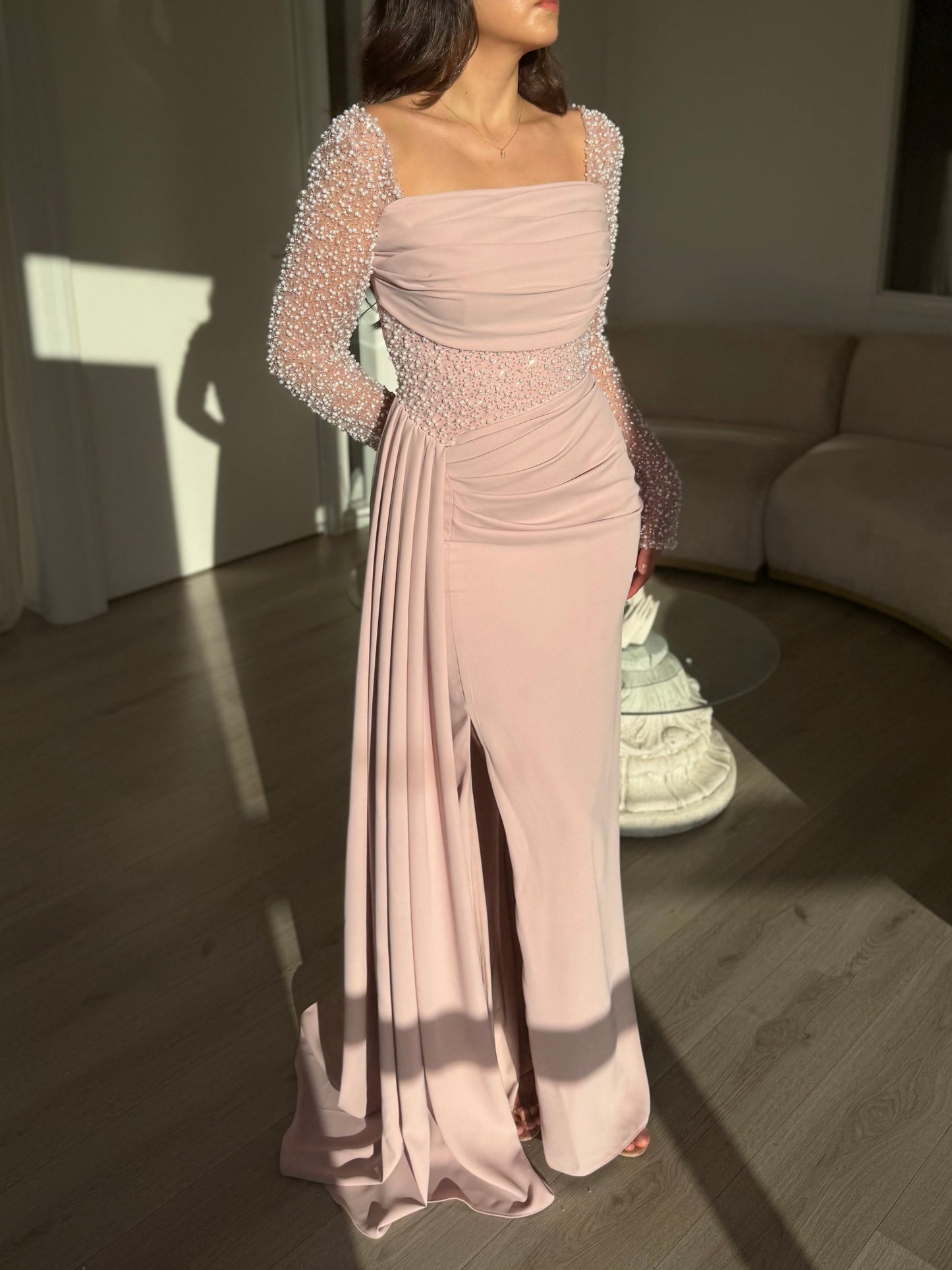 Champagne Off-Shoulder Evening Gown with Pearl Embellished Long Sleeves