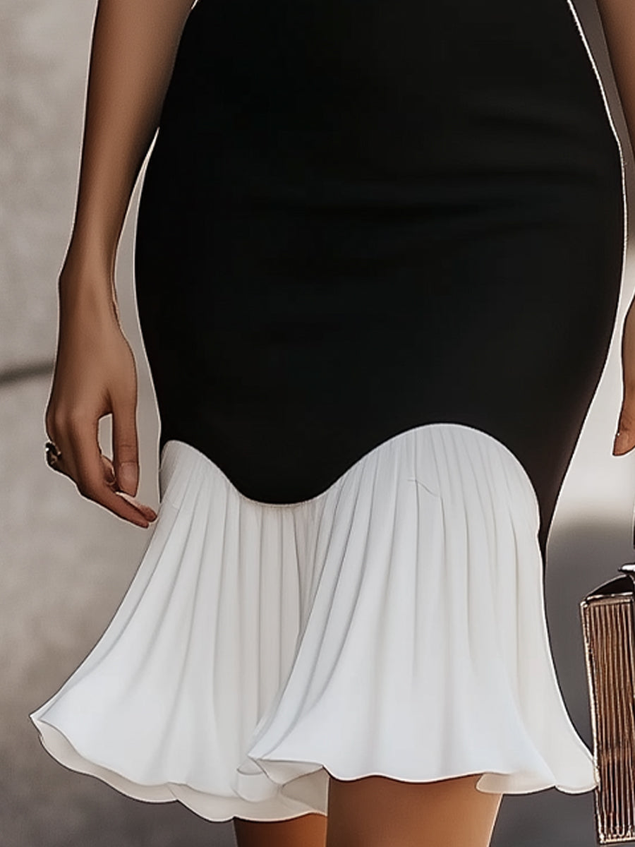 Elegant Black and White High Neck Midi Dress Wedding Guest Dresses