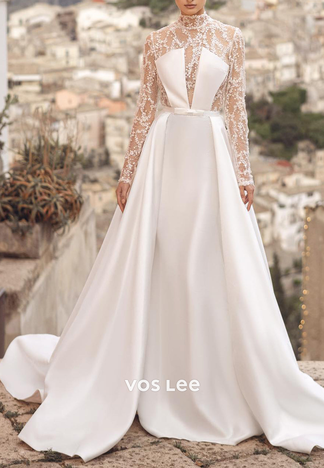 A-Line Illusion High Neck Long Sleeve Lace Sequins Wedding Dresses with Cathedral Train