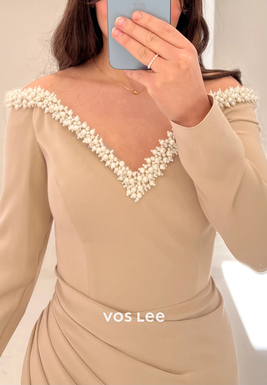Long Sleeve V Neck Beading Pleated Mermaid Evening Dresses with Side Split