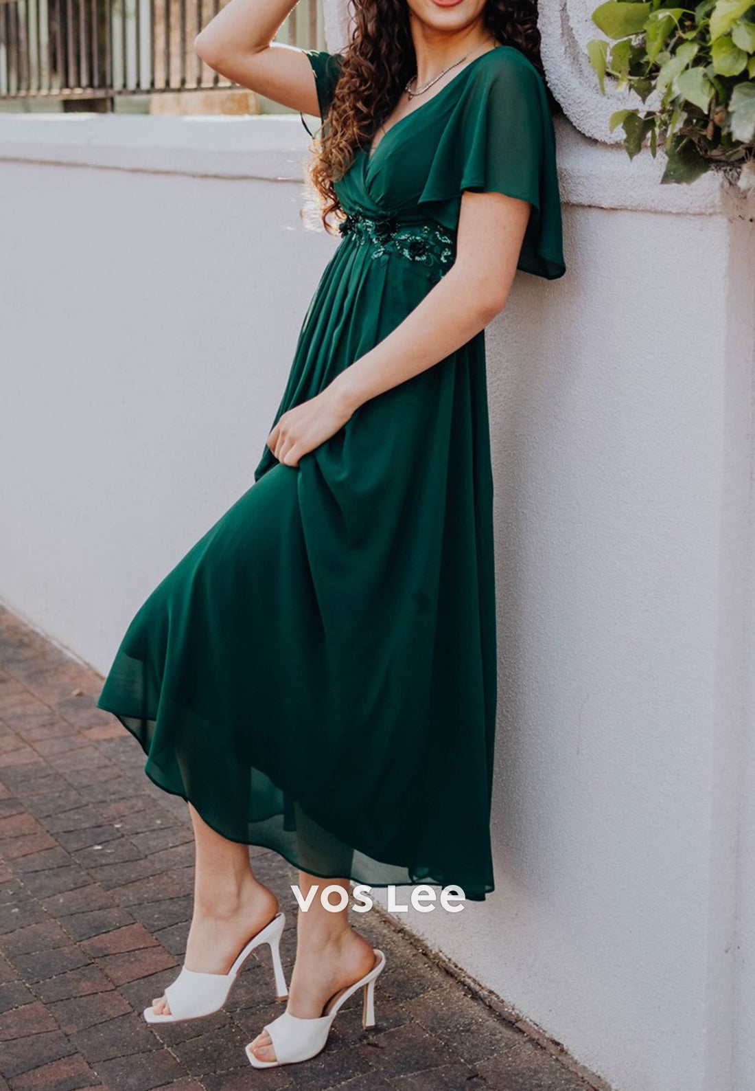 Flutter Sleeves V Neck Floral Embellished Mother of Bride Dresses