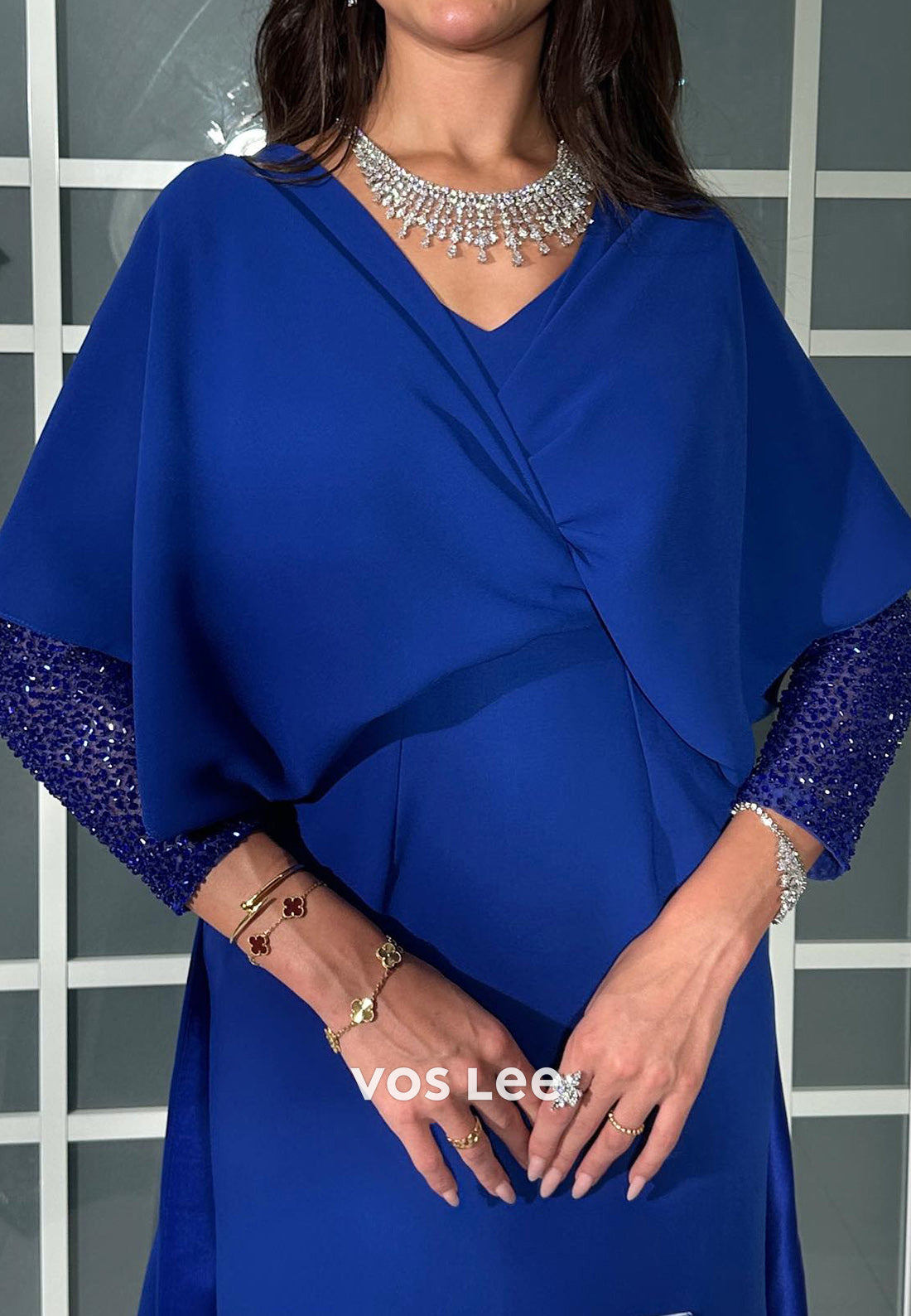 Simple Long Sleeve V Neck Royal Blue Sheath Evening Dresses with Sweep Train