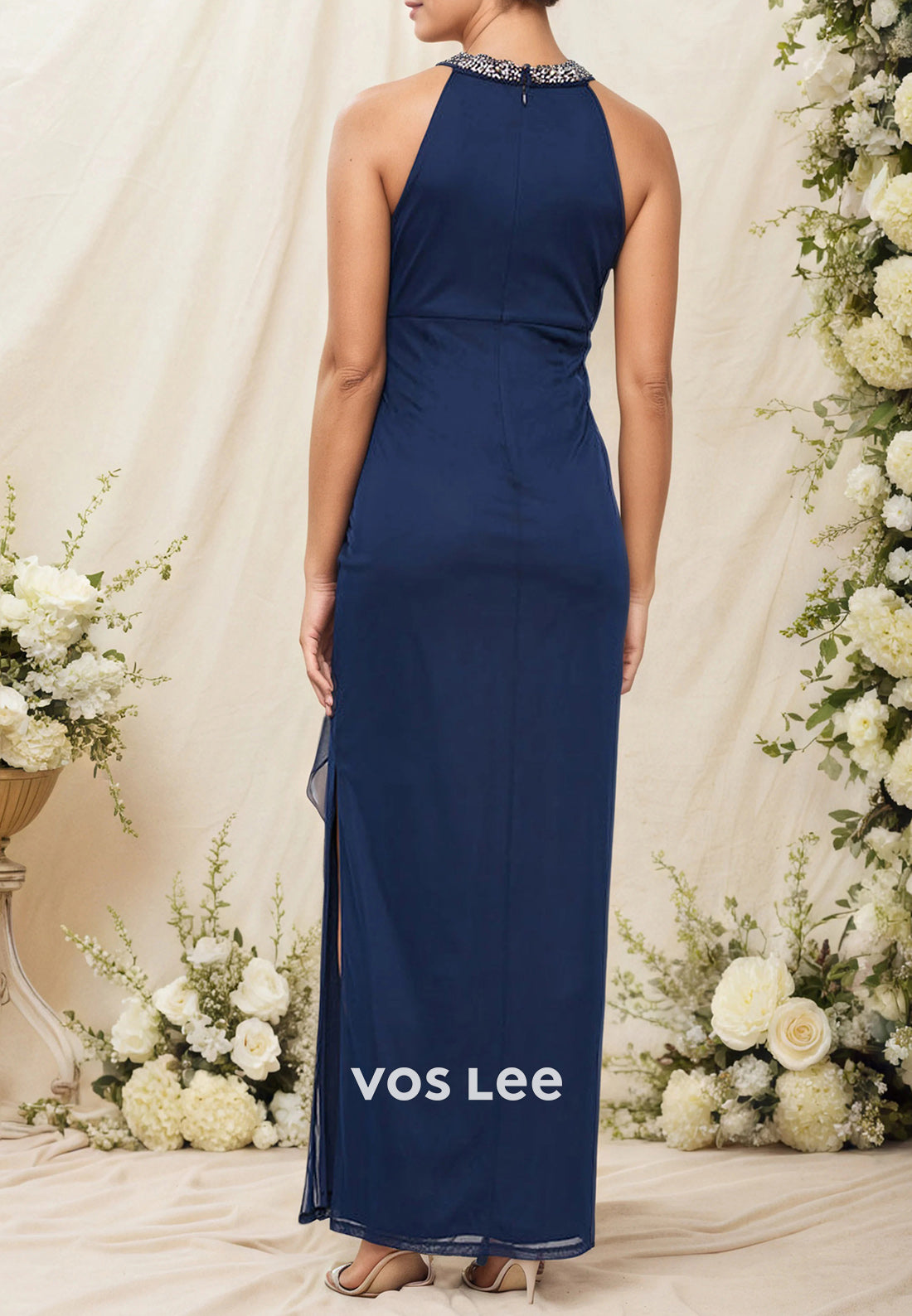 Simple Halter Rhinestone Ankle-Length Pleated Mother of Bride Dresses with Side Split