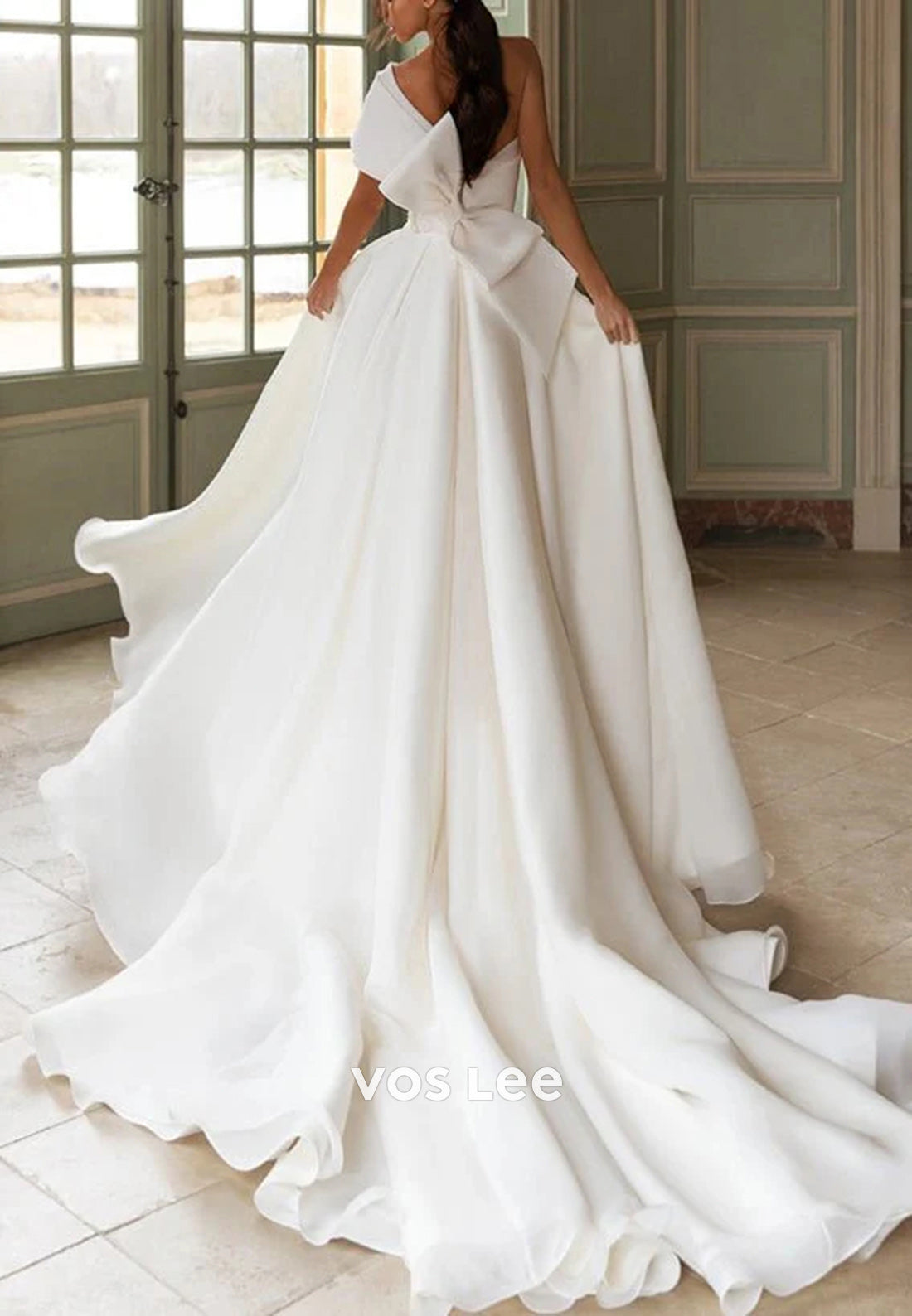 A-Line One Shoulder Appliqued Pleated Split Bowknot Wedding Dresses with Court Train