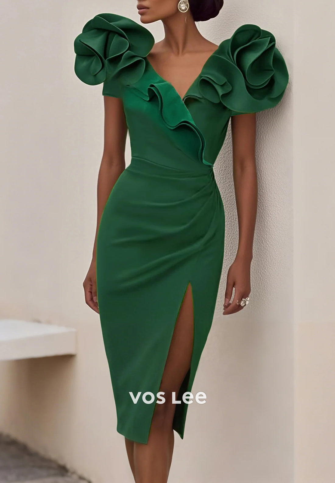 Short Sleeve V Neck Knee-Length Pleated Sheath Wedding Guest Dresses with Side Split
