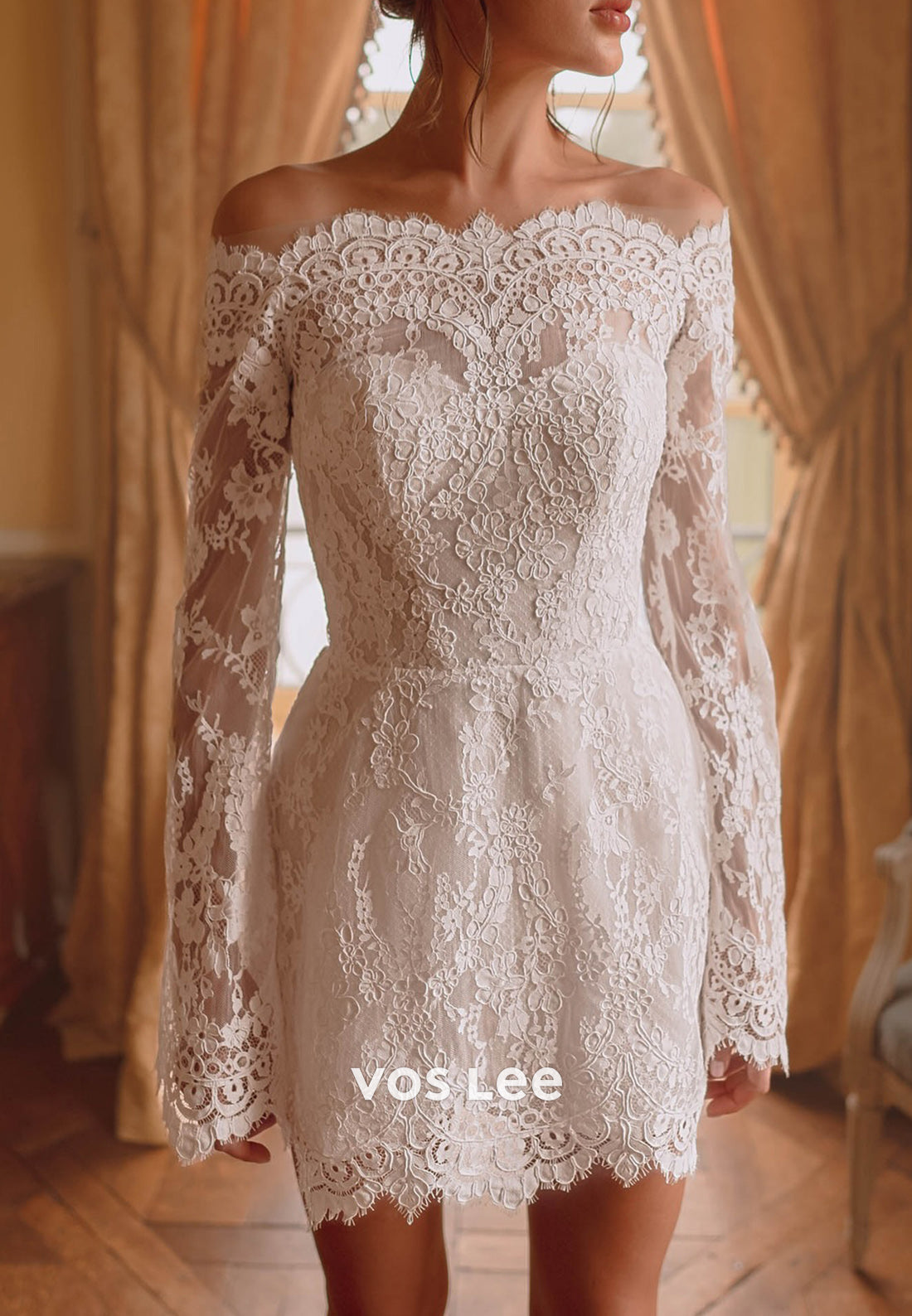 Long Sleeve Off the Shoulder Appliques Lace Sheath Wedding Dresses with Detachable Train