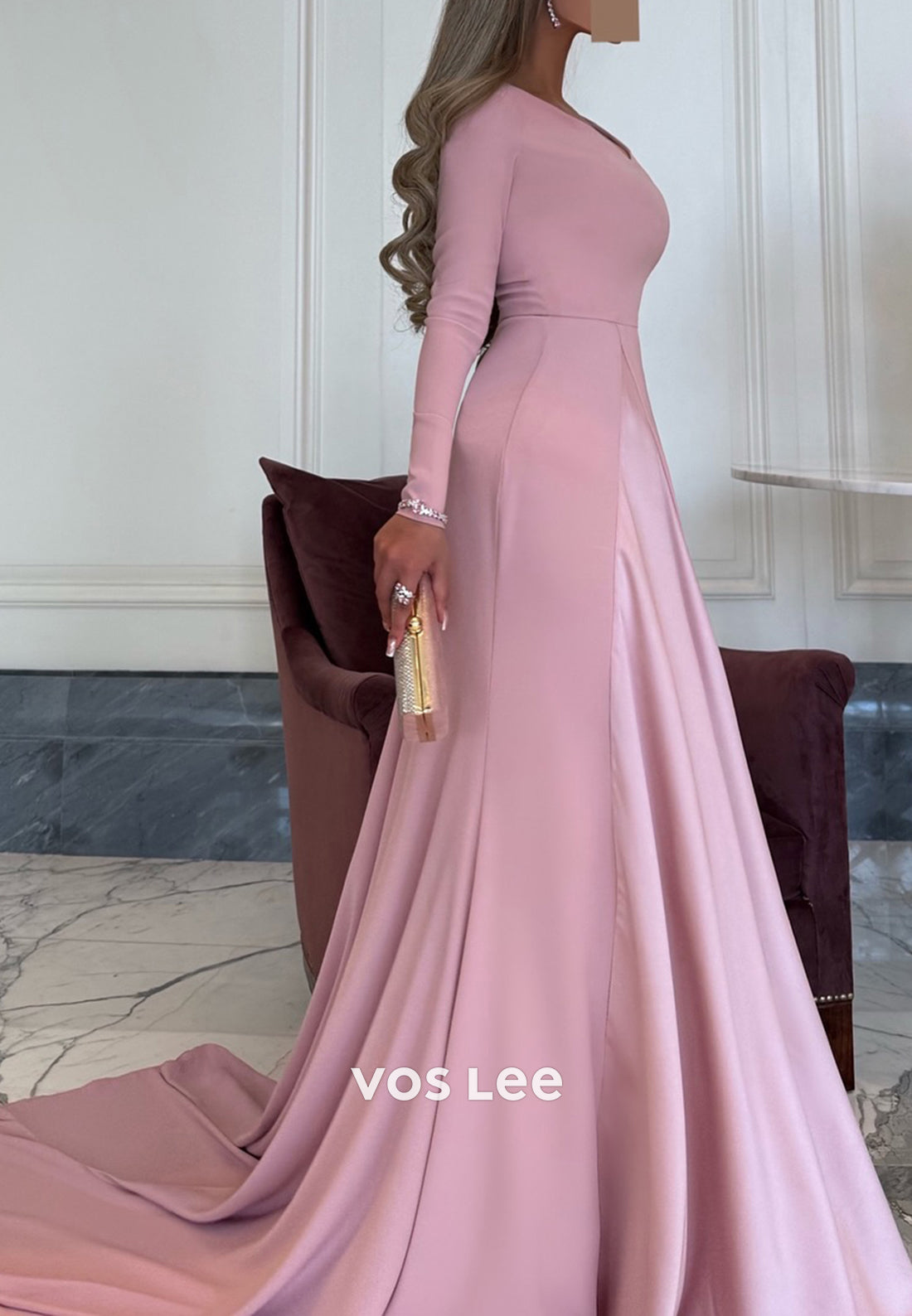 Sexy and Sleek Long Sleeve V Neck Mermaid Evening Dresses with Court Train