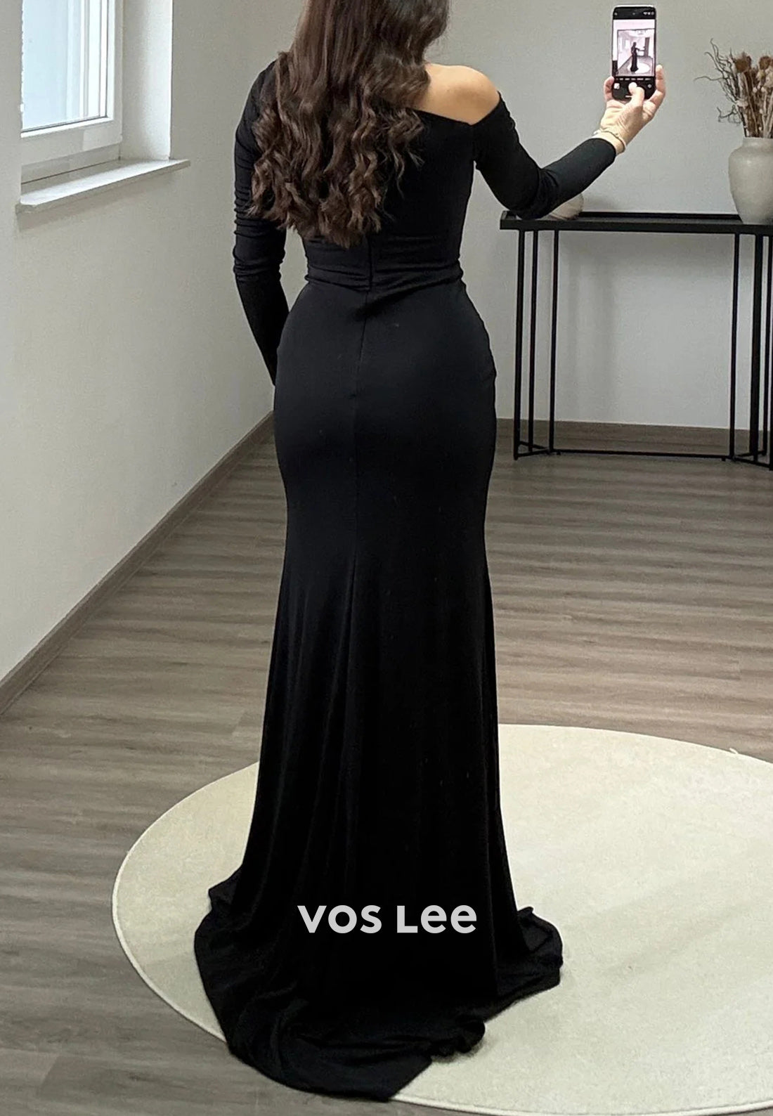 Long Sleeve One Shoulder Rhinestone Pleated Mermaid Evening Dresses with Sweep Train