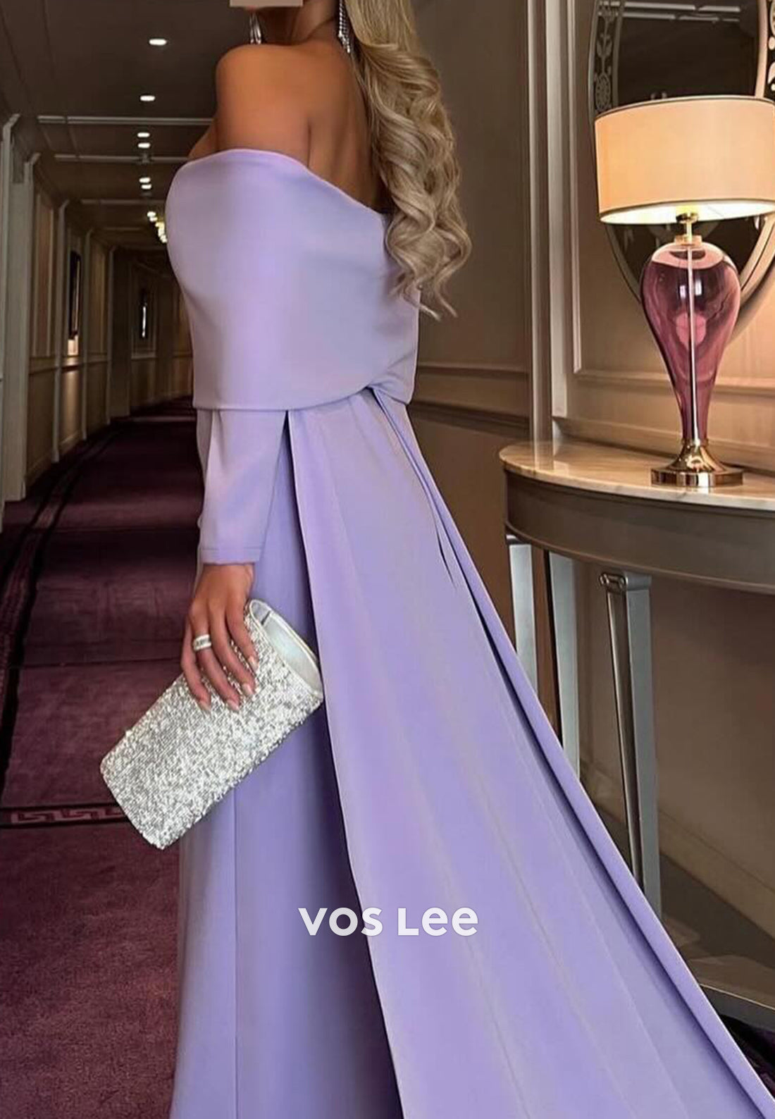 Long Sleeve Off the Shoulder Pleated Mermaid Evening Dresses with Court Train