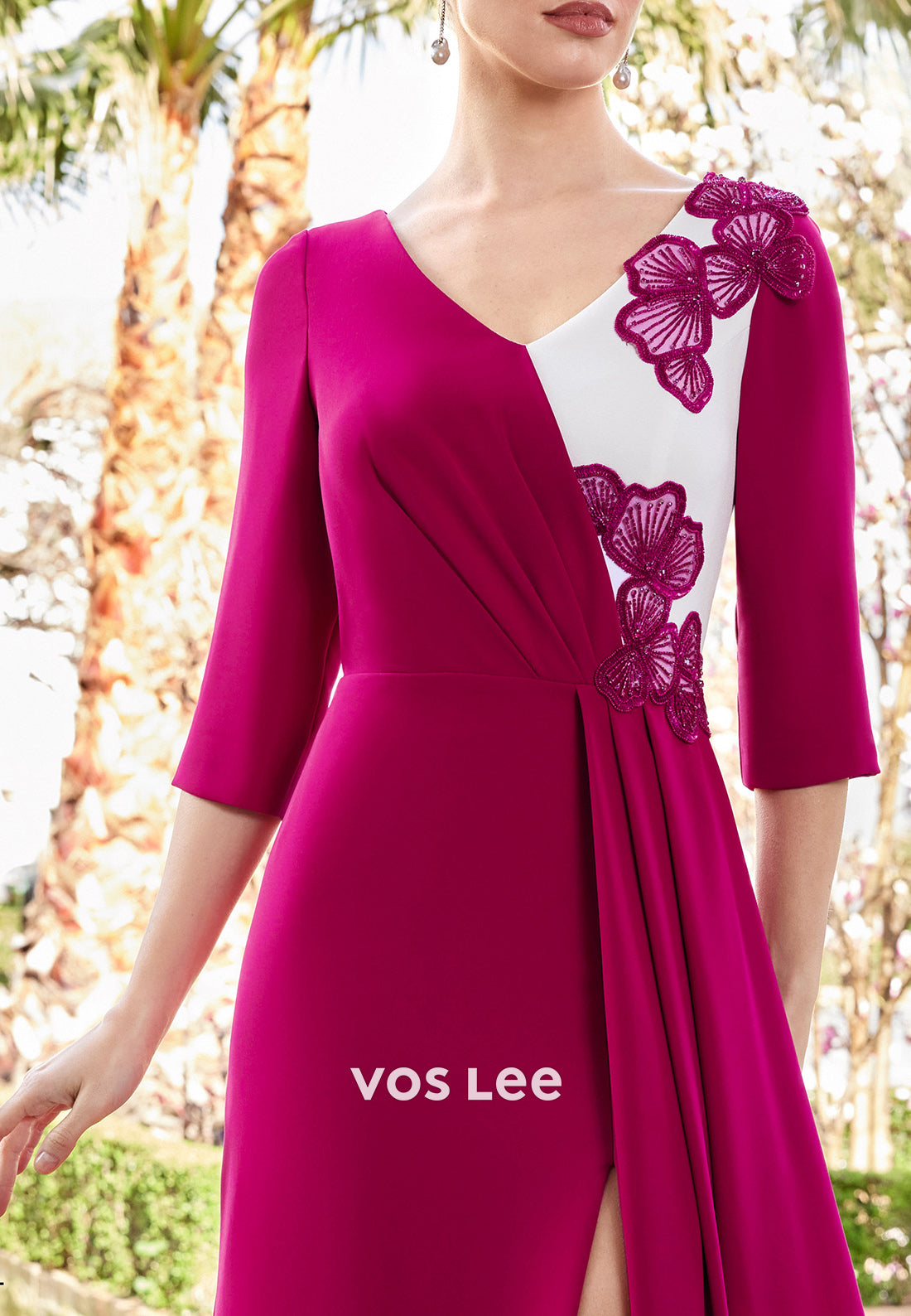 3/4 Sleeve v-neck Floral Appliqued Sheath Mother of Bride Dress with High Slit