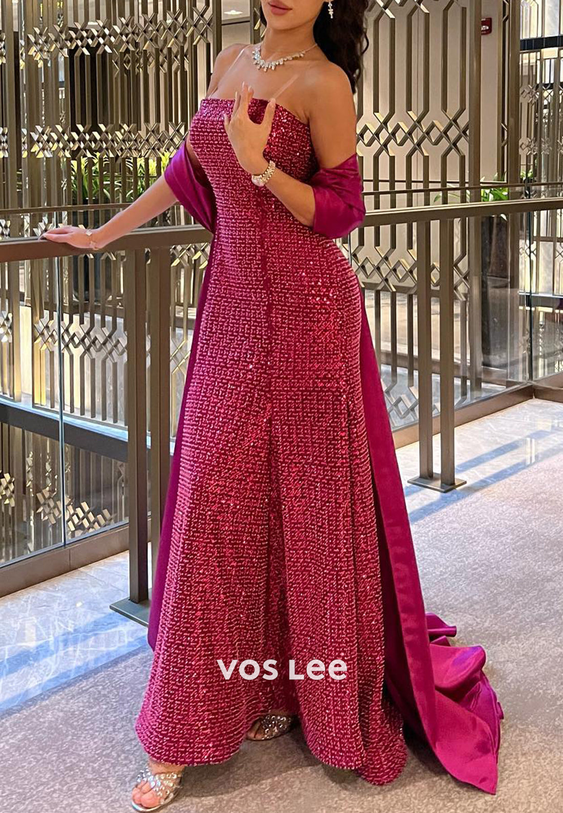 Strapless Sequins Embellished Pleated Long Mermaid Evening Dresses with Court Train