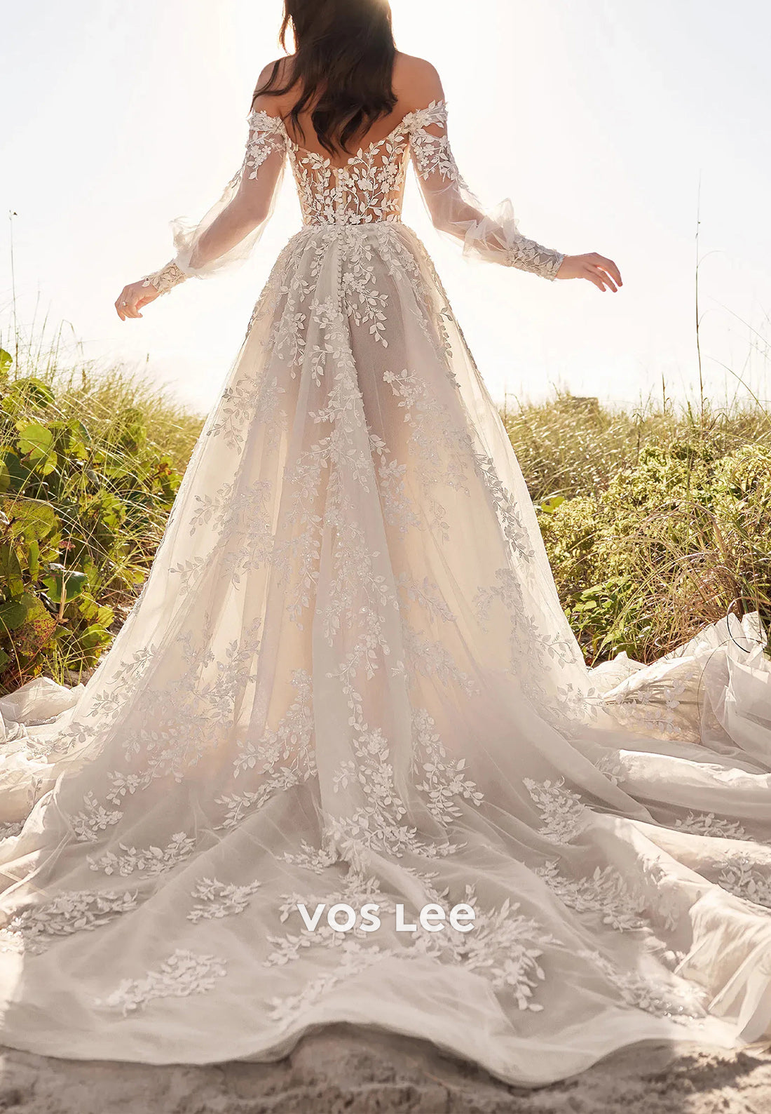 Classic A-Line Long Sleeve Appliques Lace Pleated Wedding Dresses with Chapel Train