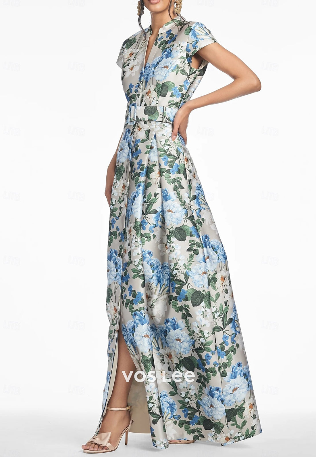 A-Line V Neck Empire Waist Floral Embellished Mother of Bride Dresses with Pockets
