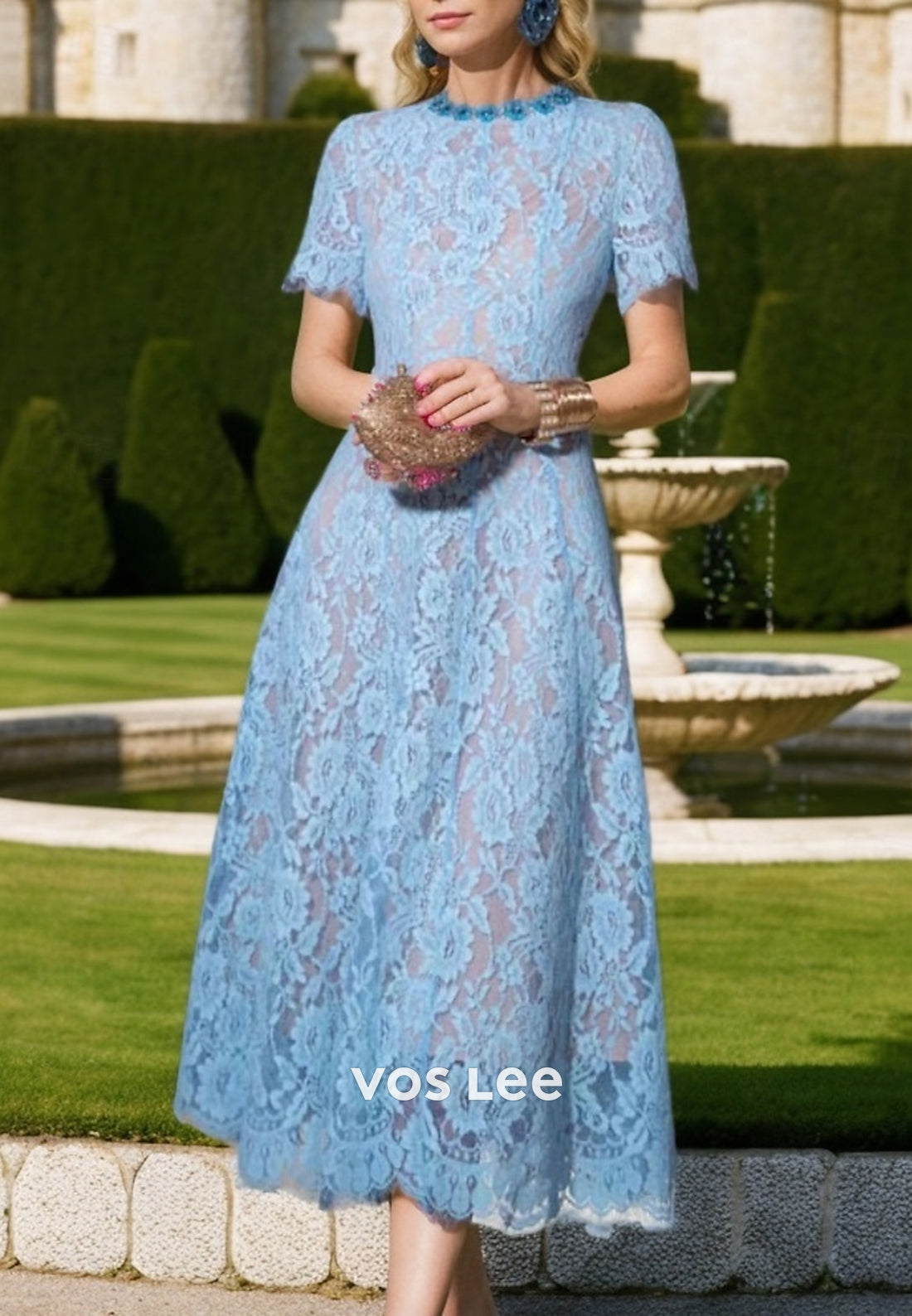 A-Line Blue Short Sleeve Scoop Tea-Length Appliques Lace Mother of Bride Dresses